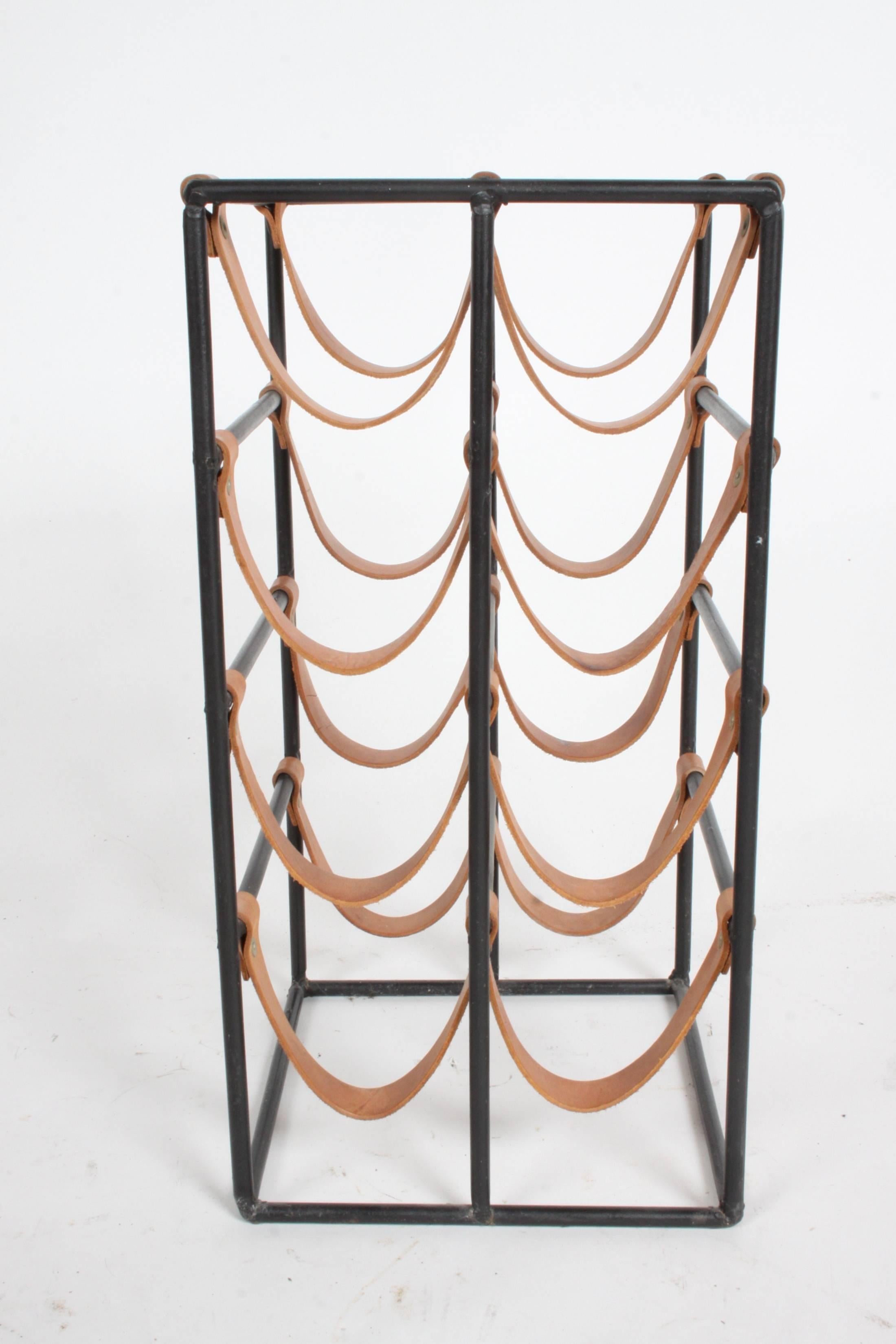 American Arthur Umanoff 1950s Iron and Leather Wine Rack For Sale