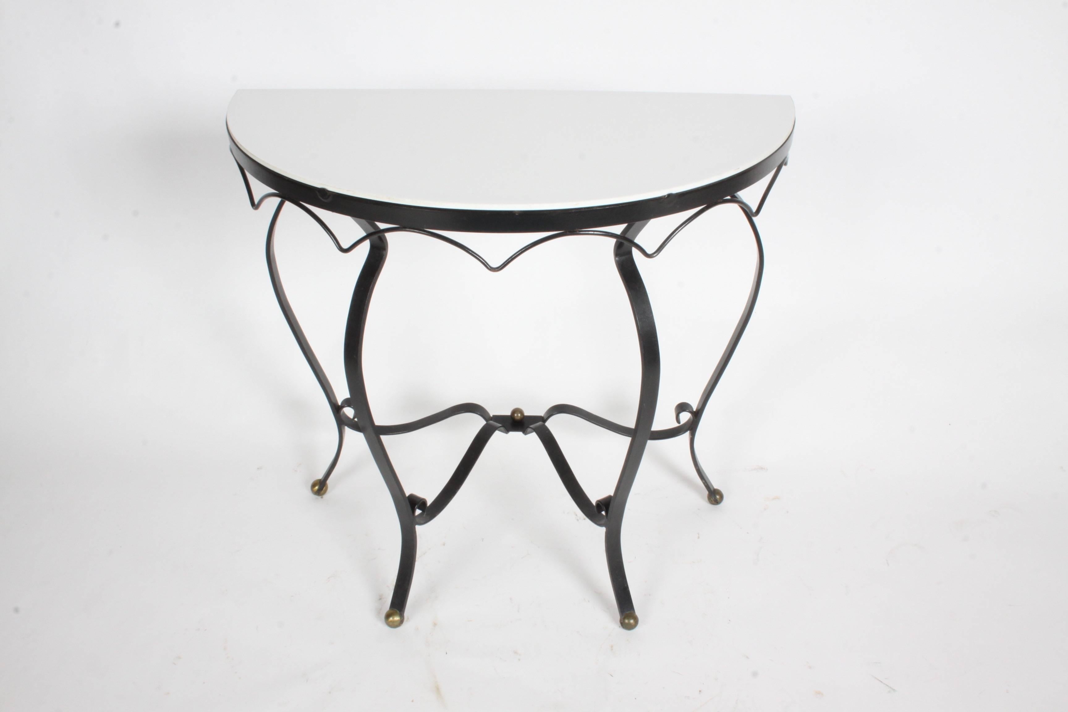 Painted French Deco Iron and Vitrolite Demilune Console, 1940s For Sale