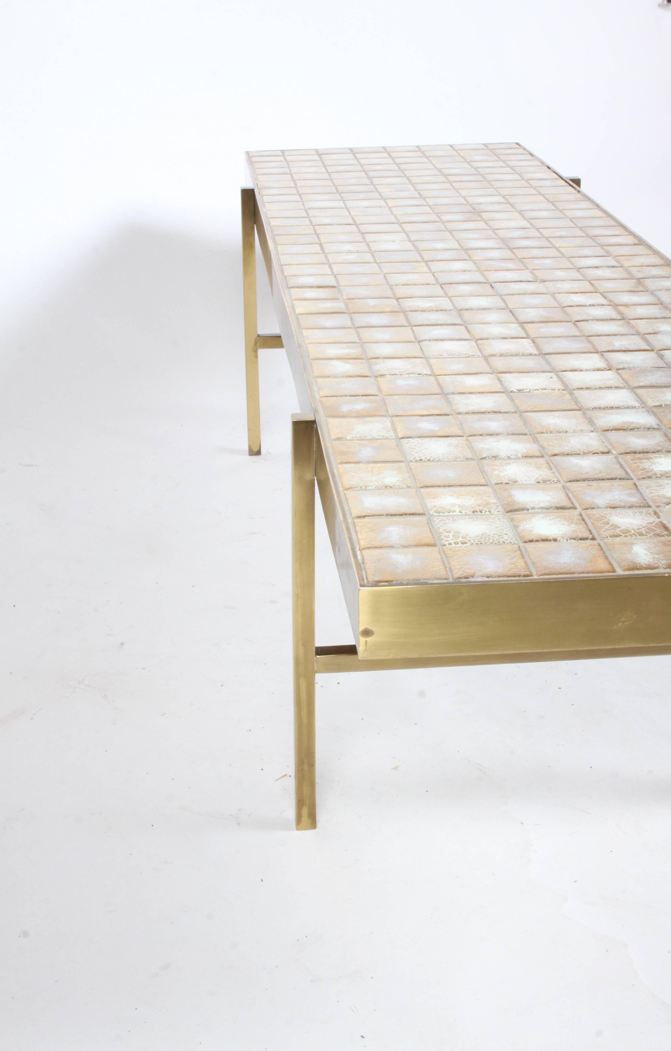 American Edward Wormley for Dunbar Style Brass and Tiled Coffee Table