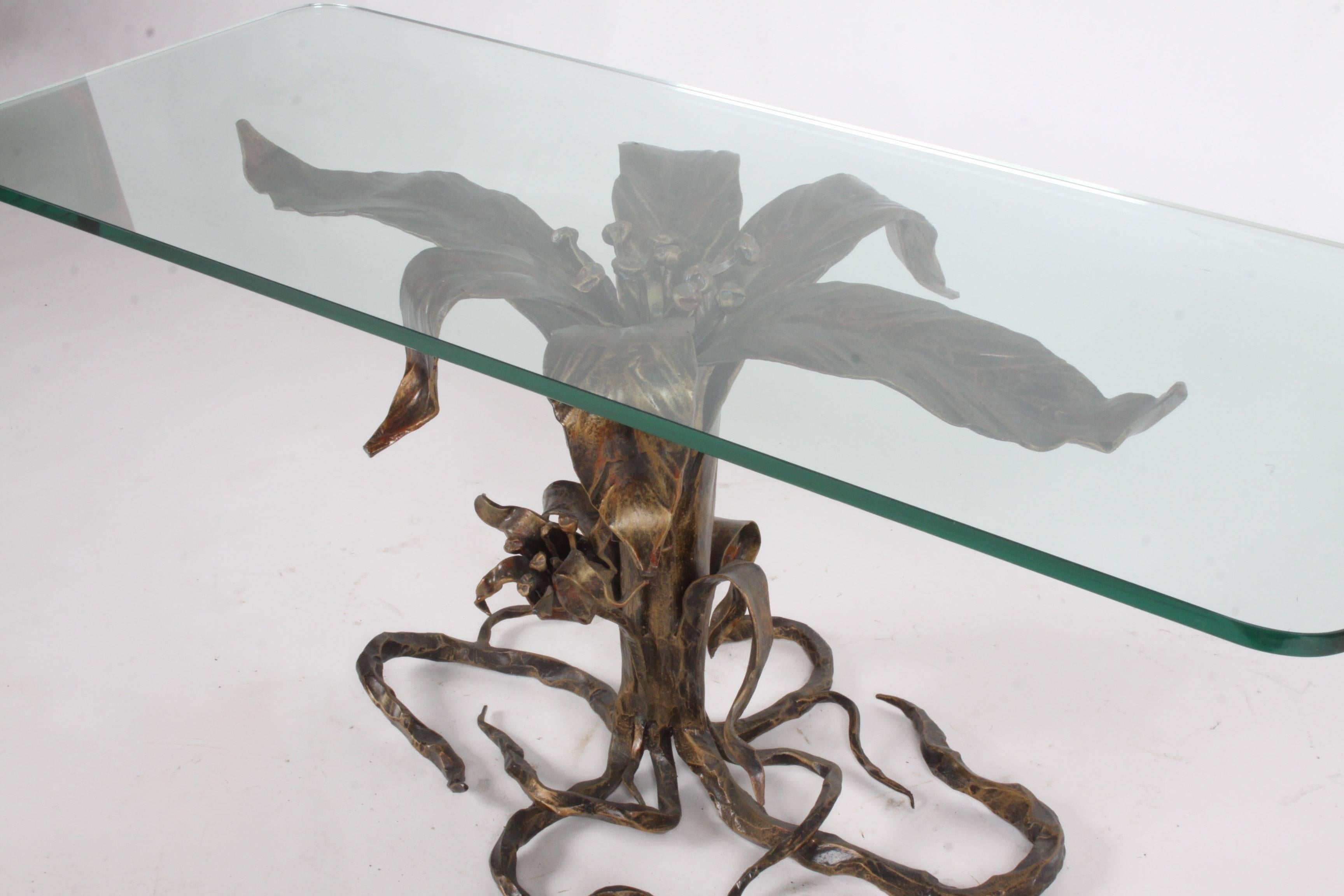Mid-Century Italian coffee table signed Bertaolami organic botanical plant form base with faux bronze patina / finish. In the style of Philp and Kelvin LaVerne . No chips to glass. 

Base 34