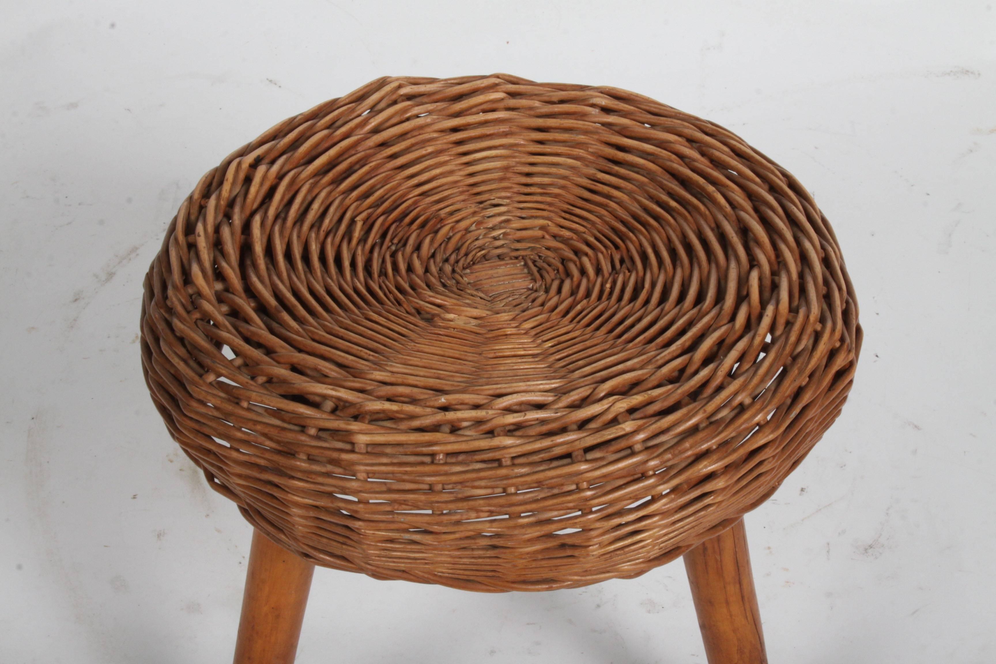 Mid-Century Modern Tony Paul Wicker Rattan Stool, circa 1950s