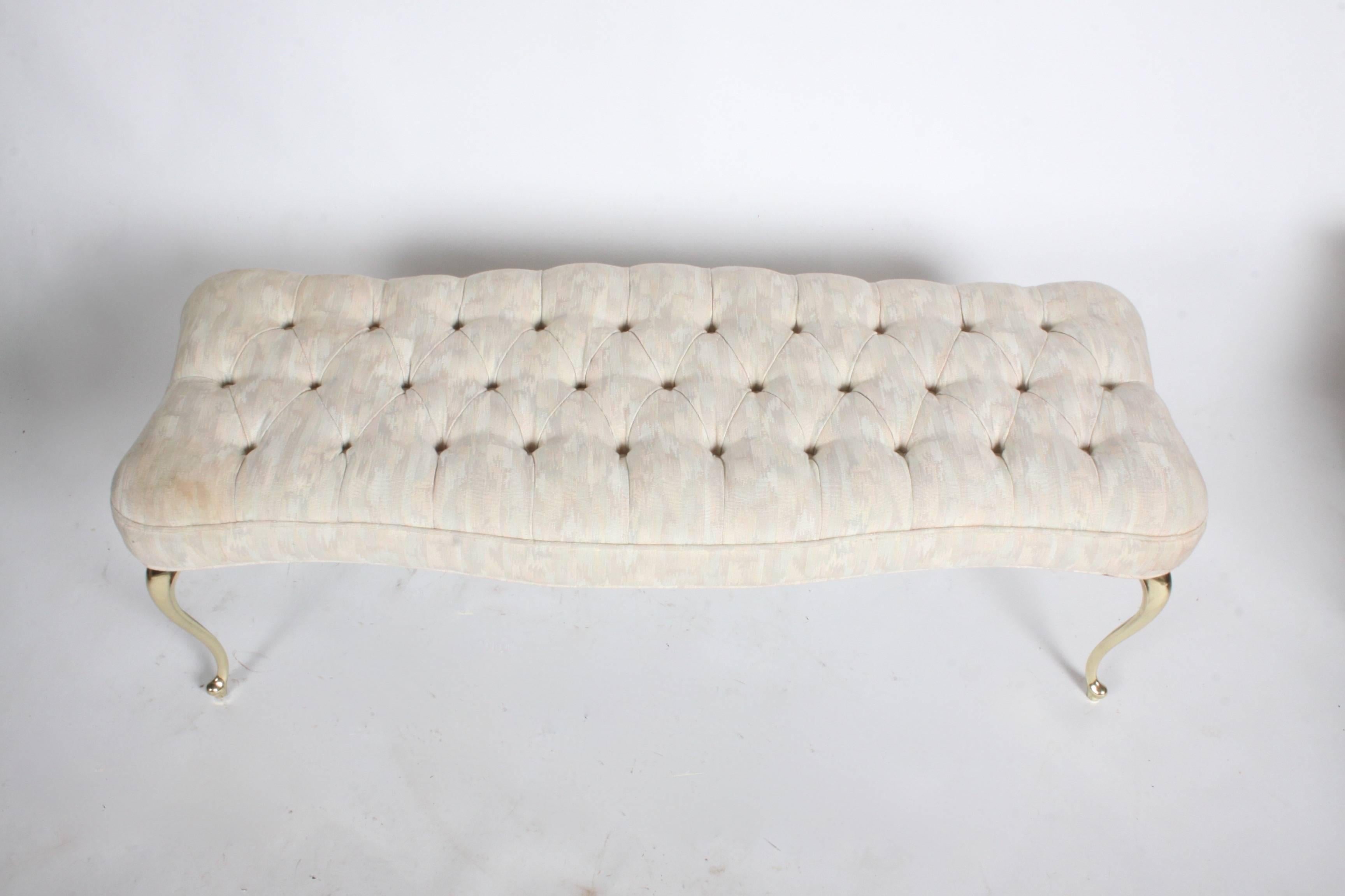 American Hollywood Regency Tufted Bench with Brass Legs For Sale