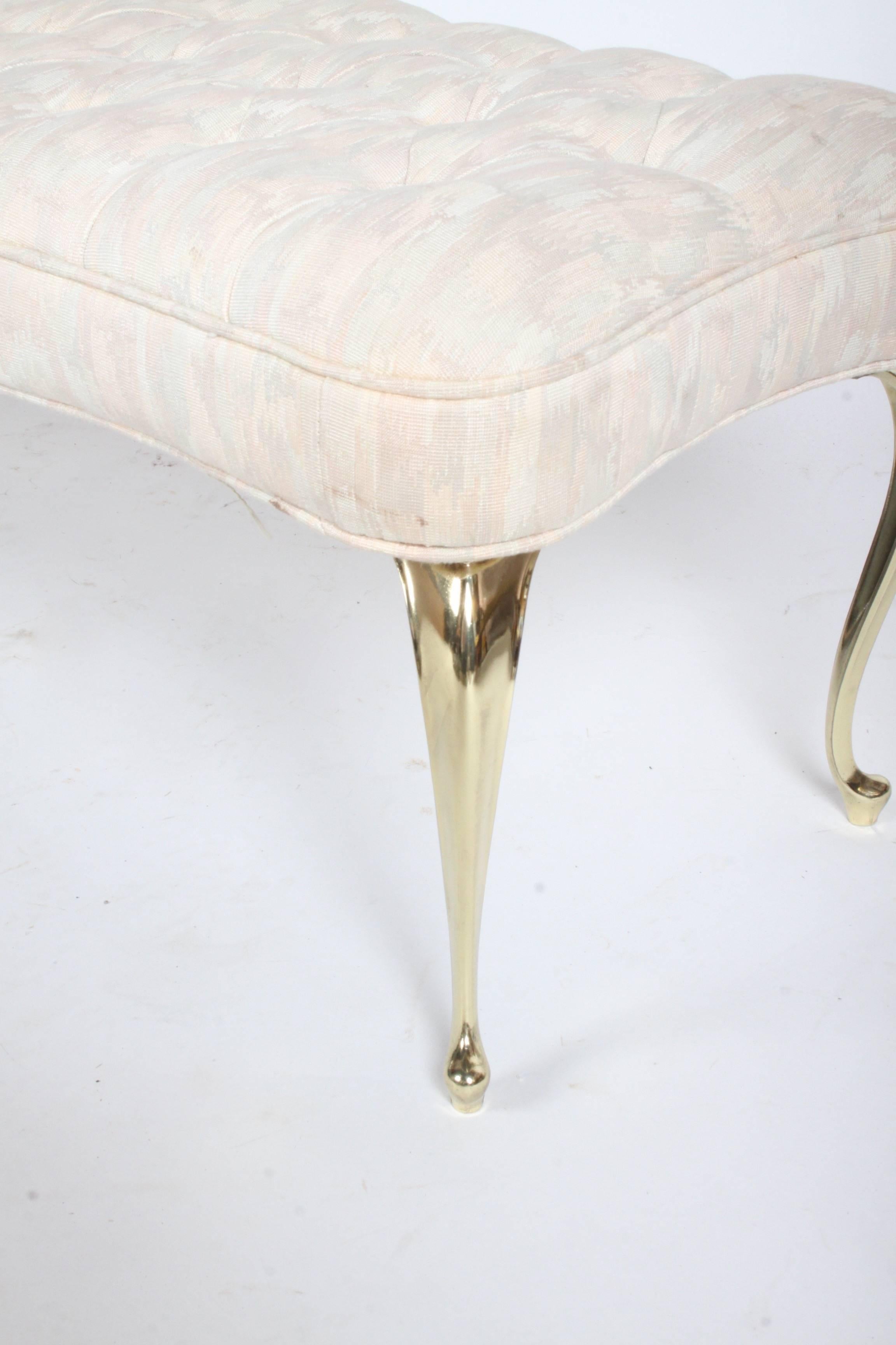 Plated Hollywood Regency Tufted Bench with Brass Legs For Sale