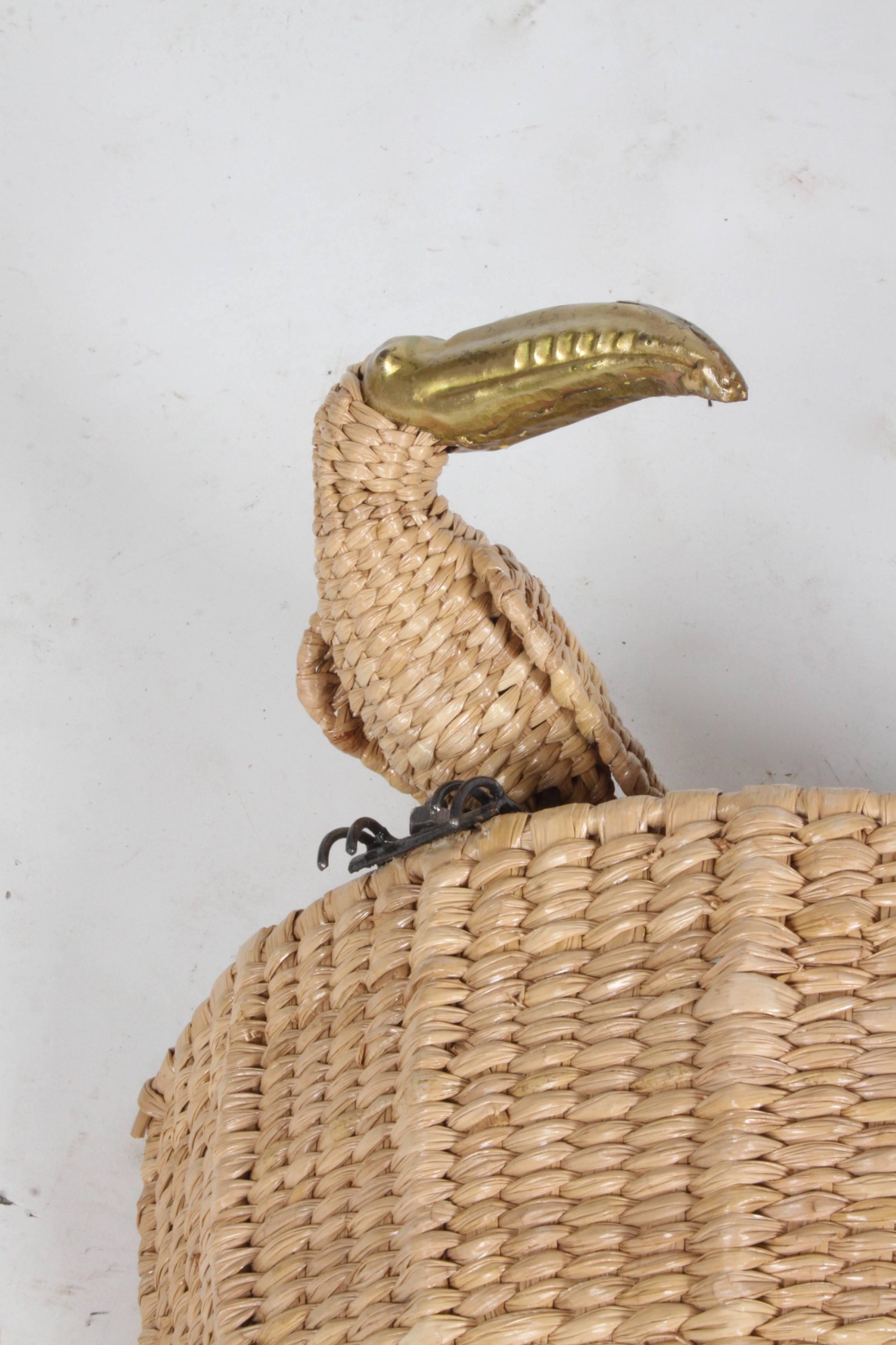Mid-Century Modern Mario Lopez Torres Wicker Tucan Wall Sconce Signed 1974 Mexico