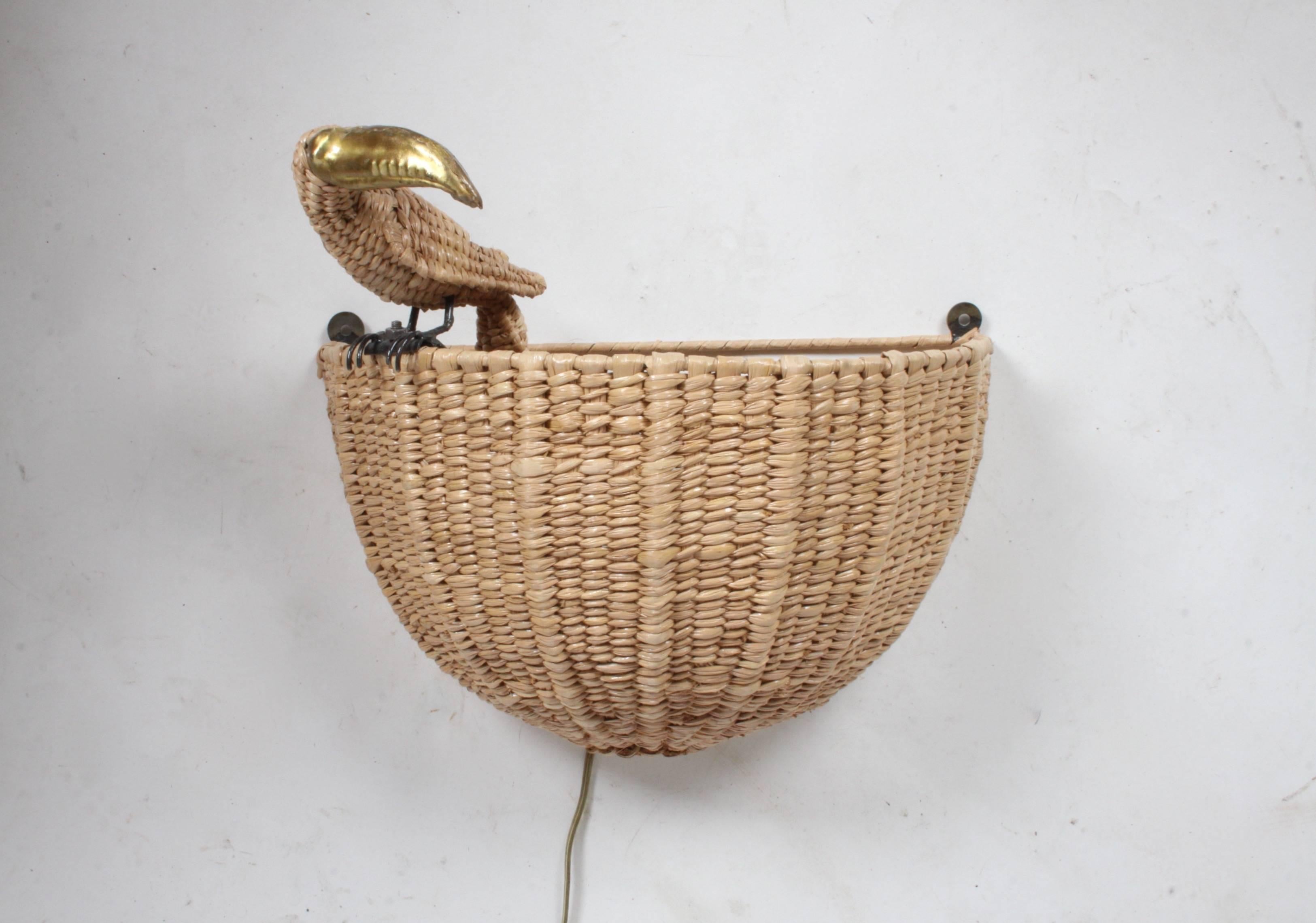 Late 20th Century Mario Lopez Torres Wicker Tucan Wall Sconce Signed 1974 Mexico