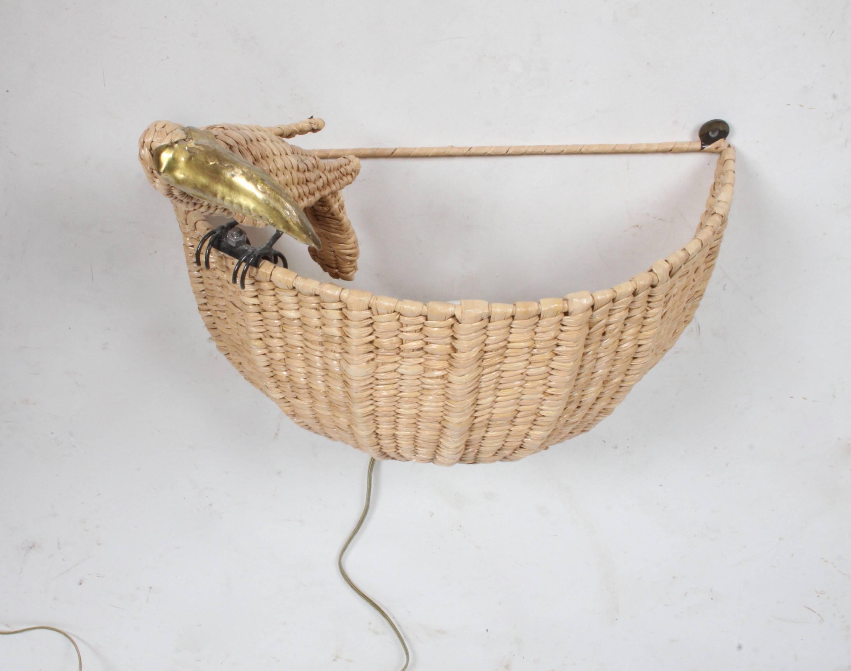Brass Mario Lopez Torres Wicker Tucan Wall Sconce Signed 1974 Mexico