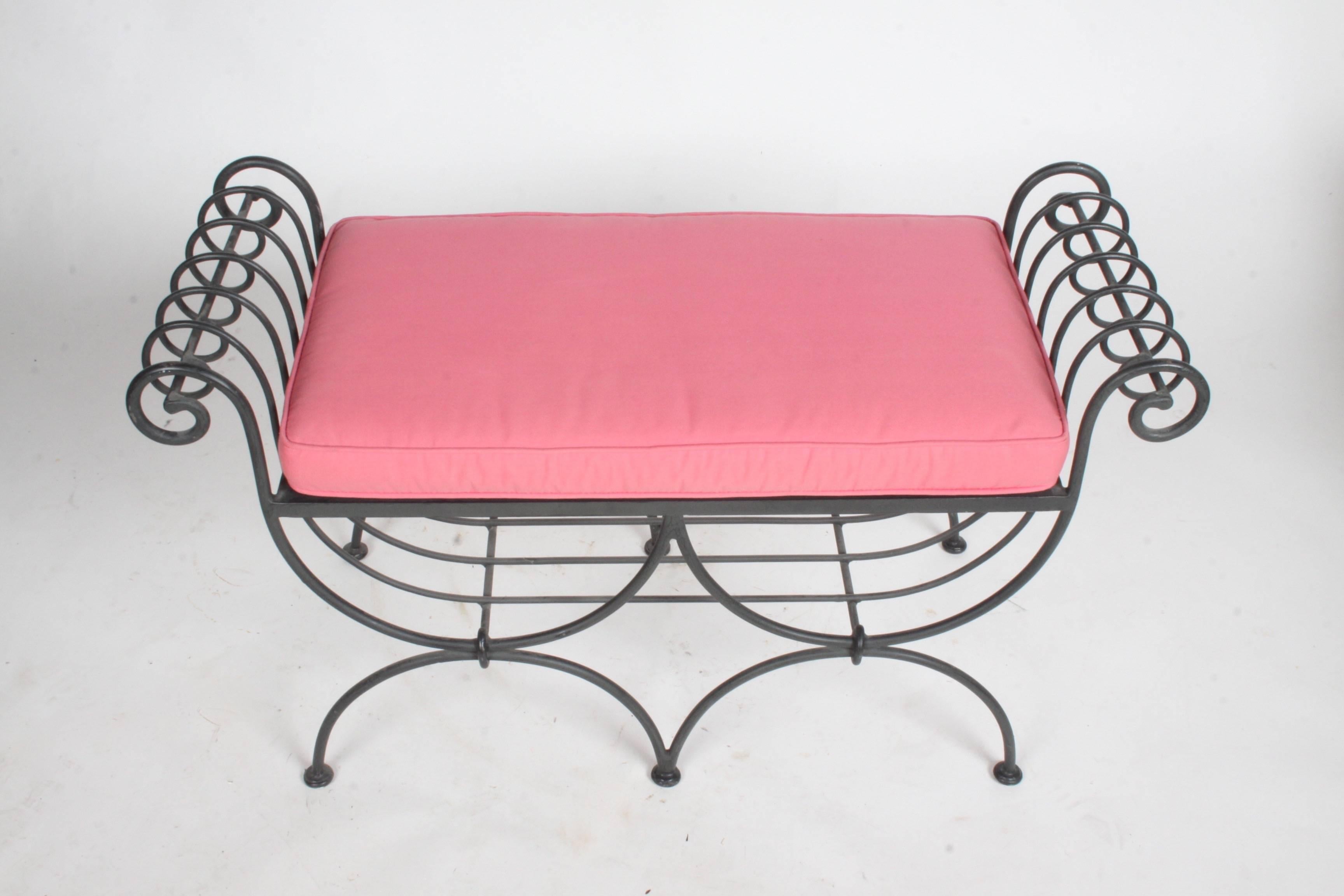 Painted Hollywood Regency Italian Black Wrought Iron Double Scroll Arm Bench - Pink Seat