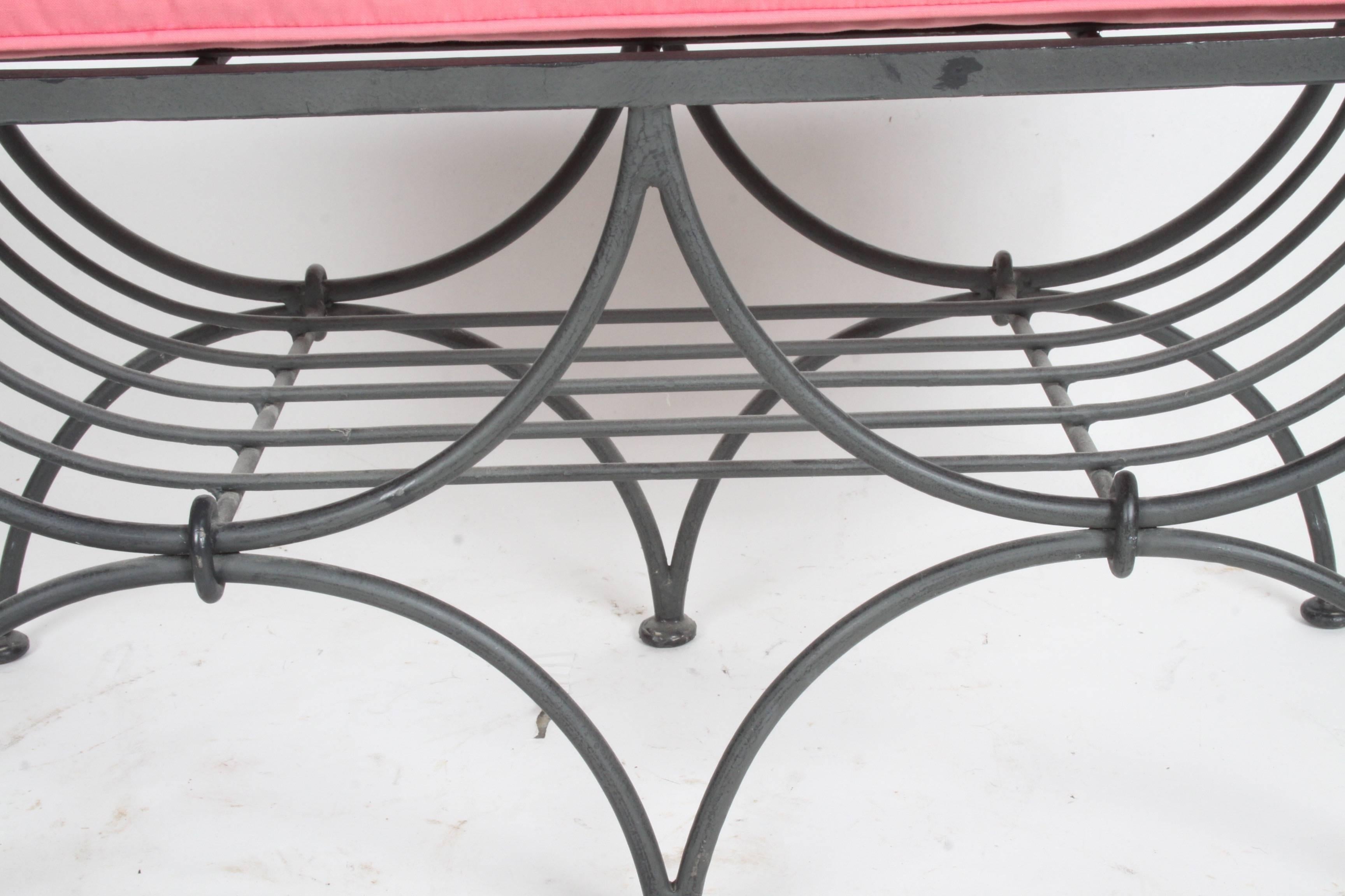 Hollywood Regency Italian Black Wrought Iron Double Scroll Arm Bench - Pink Seat In Good Condition In St. Louis, MO