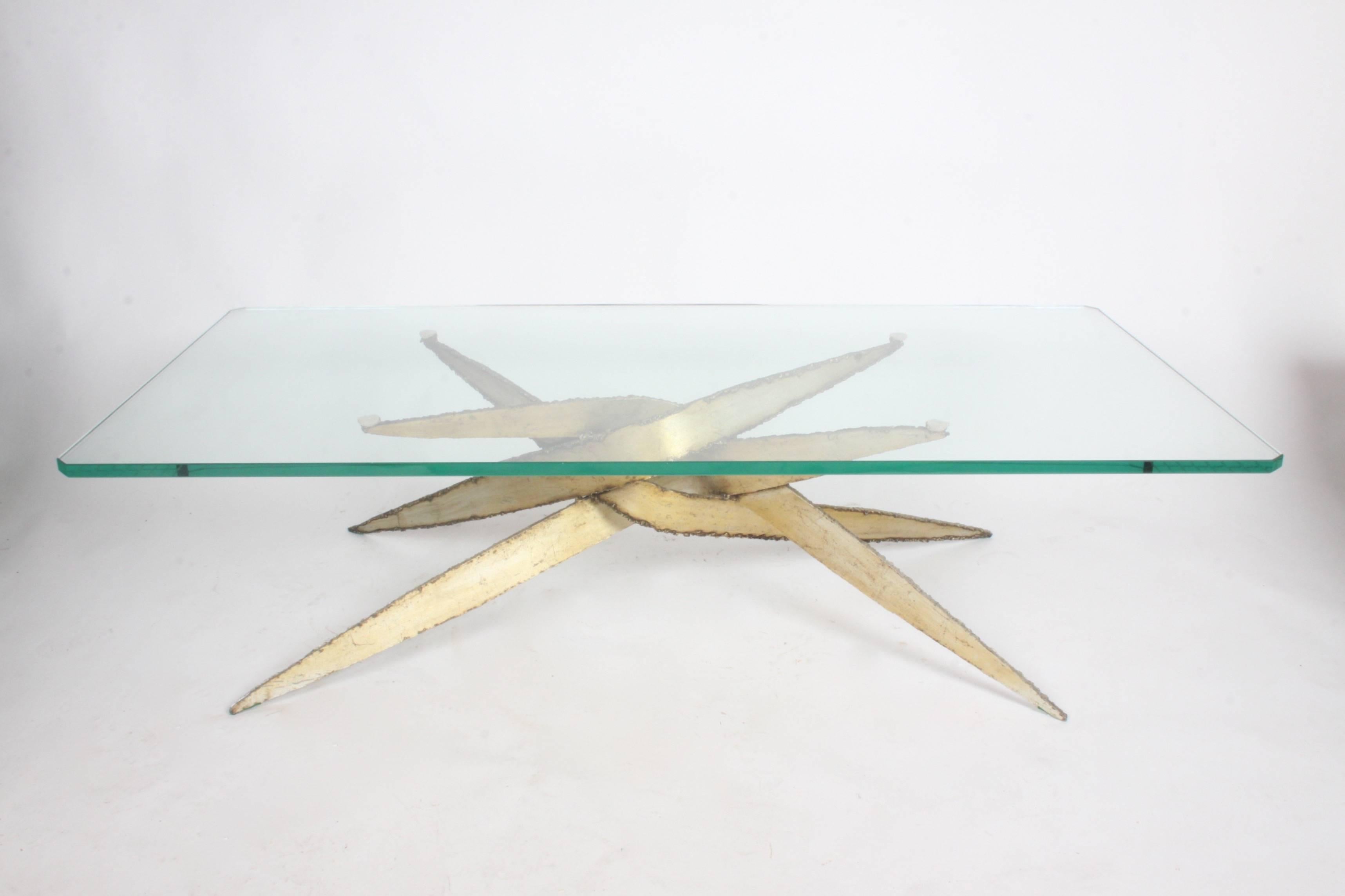 Cut Steel Sculptural Brutalist Torch Cut Glass Top Coffee Table, 1970s