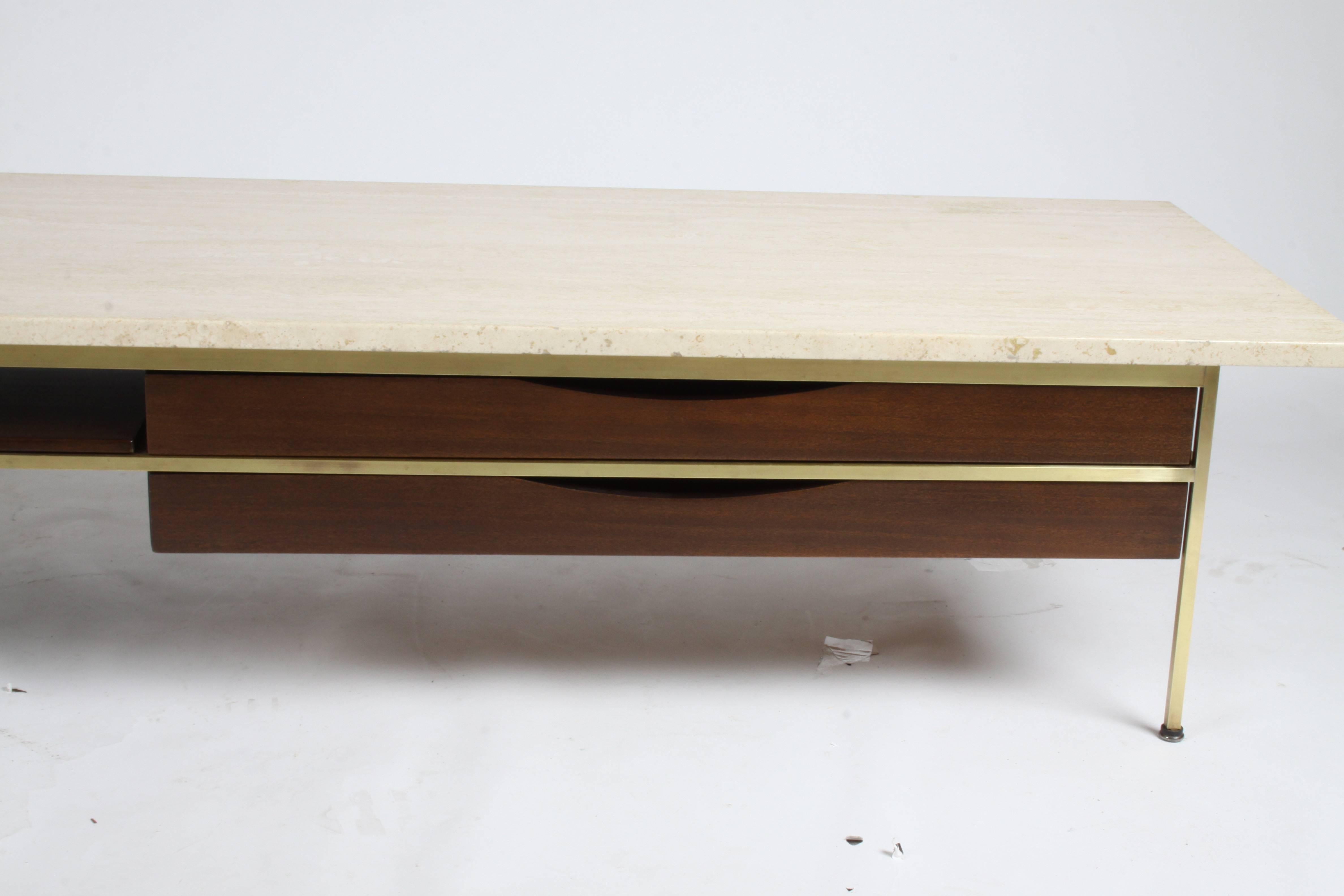 Brass Paul McCobb for Calvin Travertine Top Coffee Table