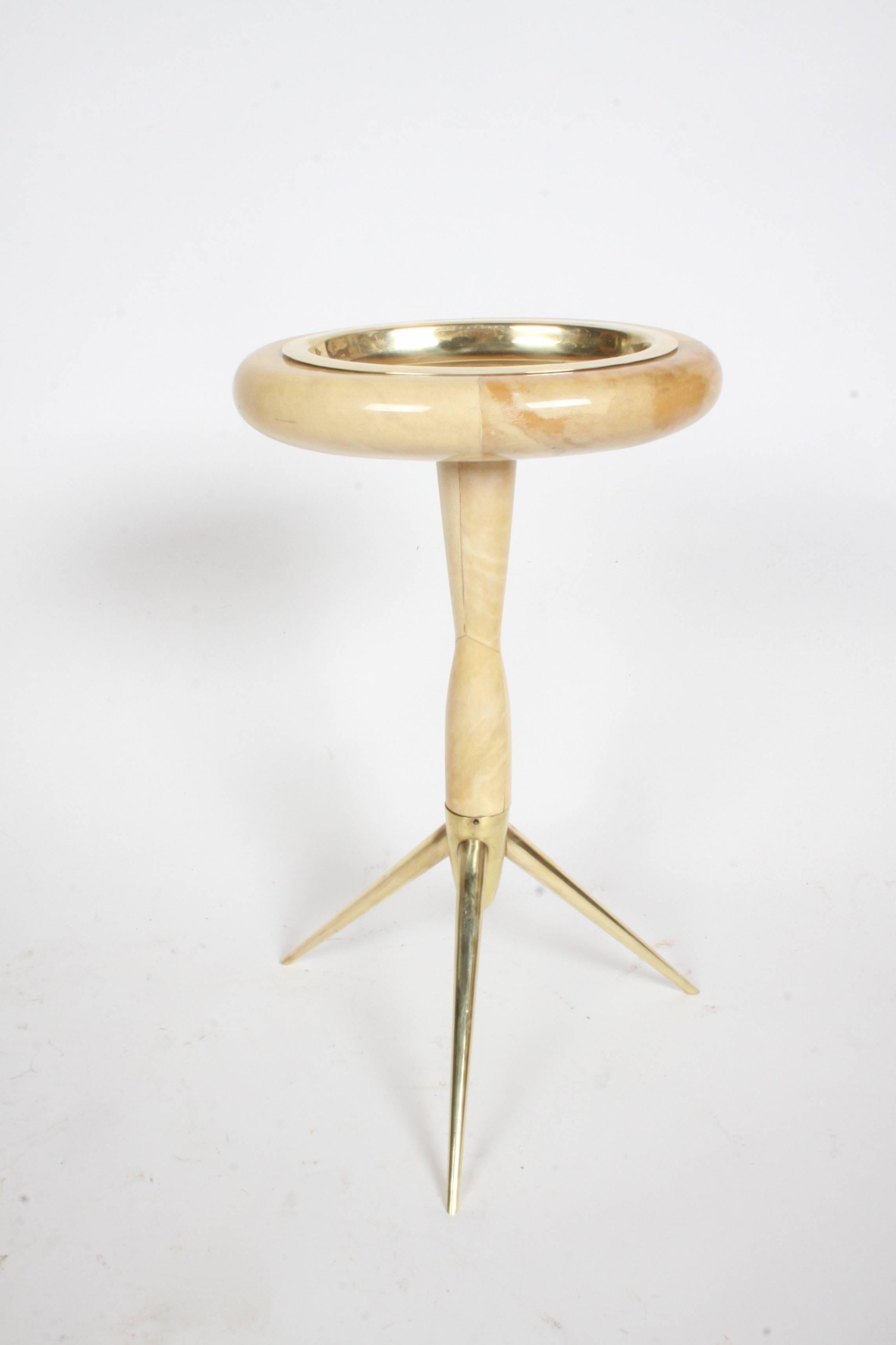 Italian sculptural Aldo Tura goatskin parchment side or snack table with brass tripod legs and brass removable tray. Minor dings to tray. Labelled Tura.