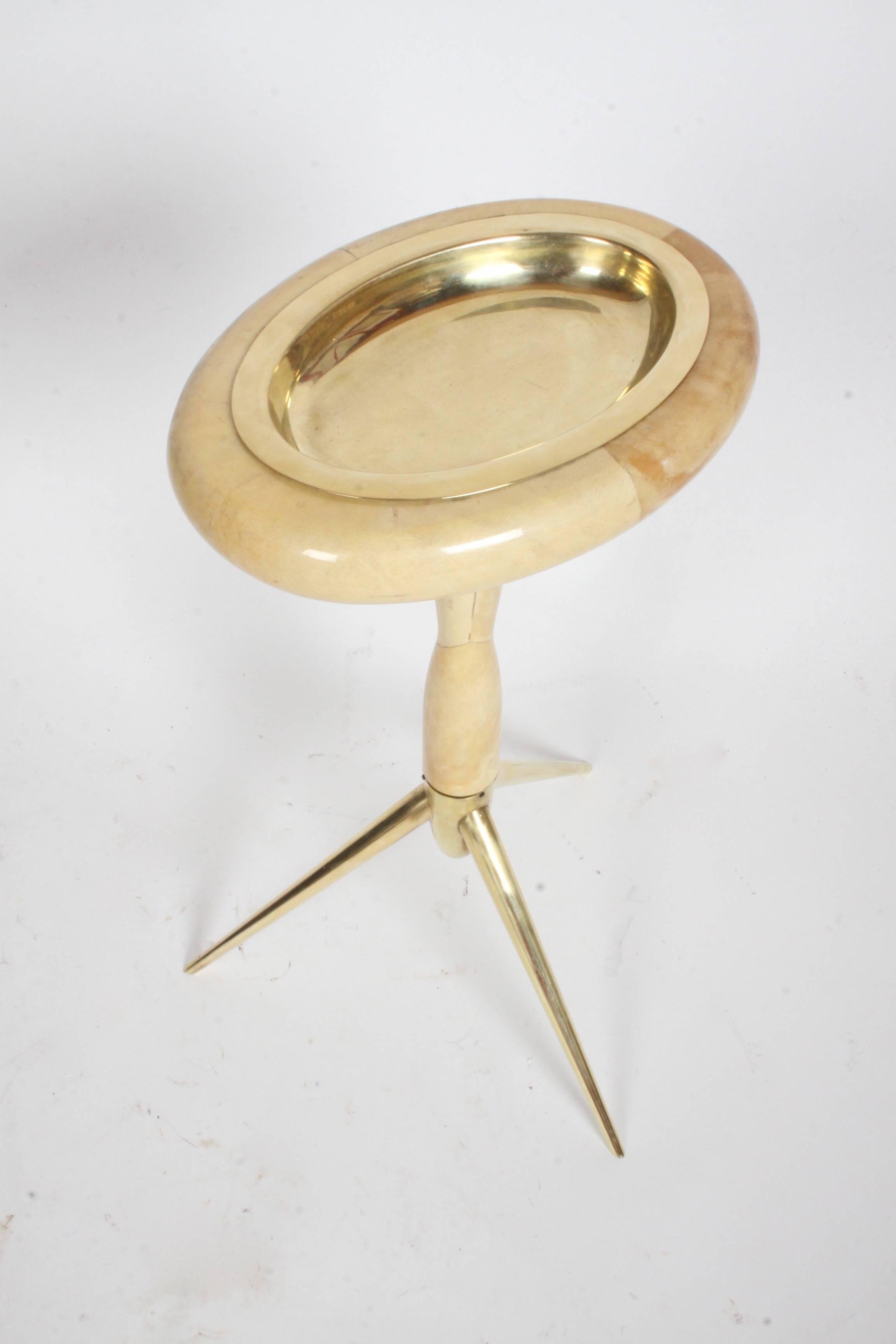 Polished Aldo Tura Italy Goatskin Parchment Side Table with Brass Tripod Legs