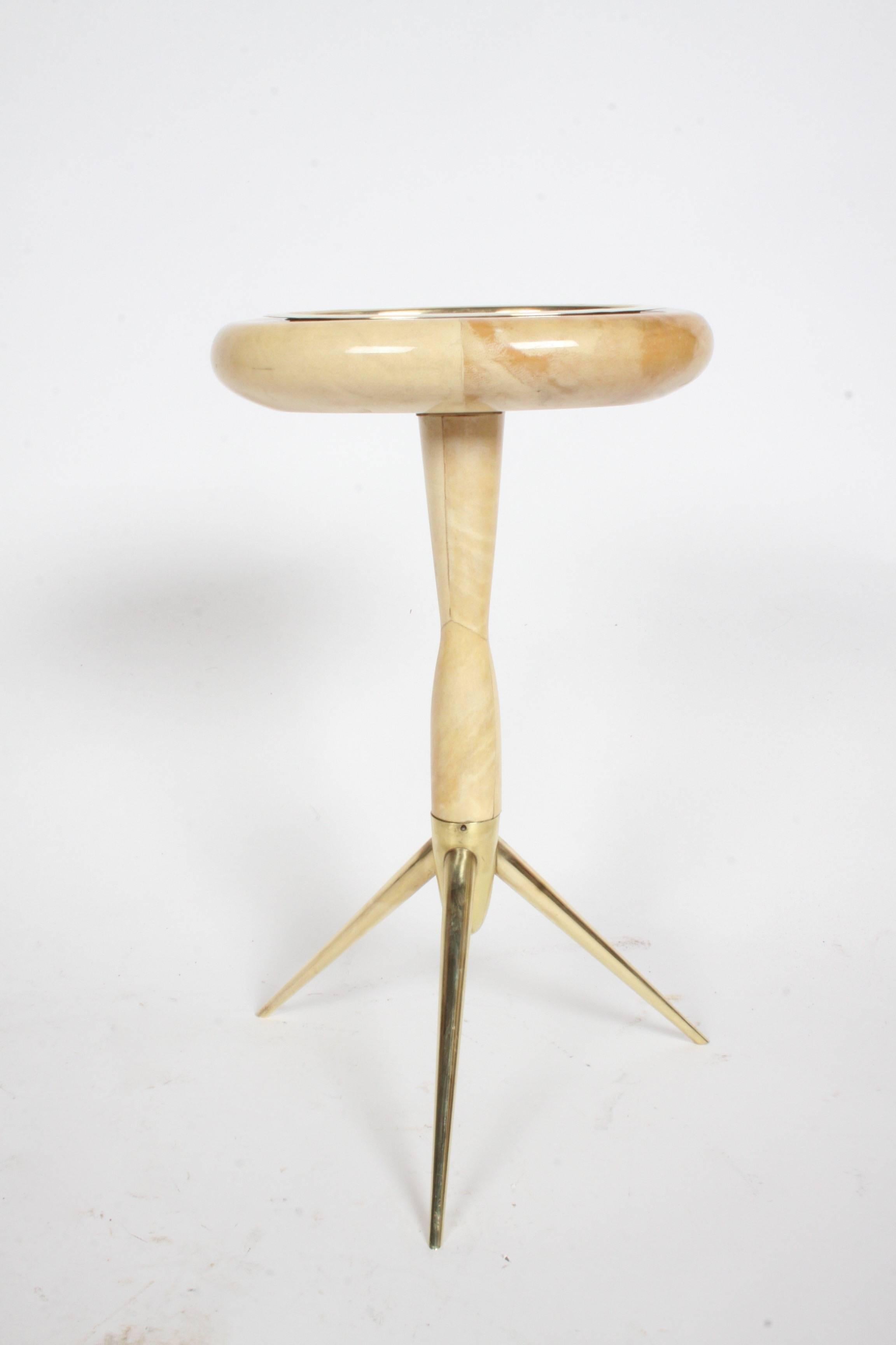 Aldo Tura Italy Goatskin Parchment Side Table with Brass Tripod Legs 1