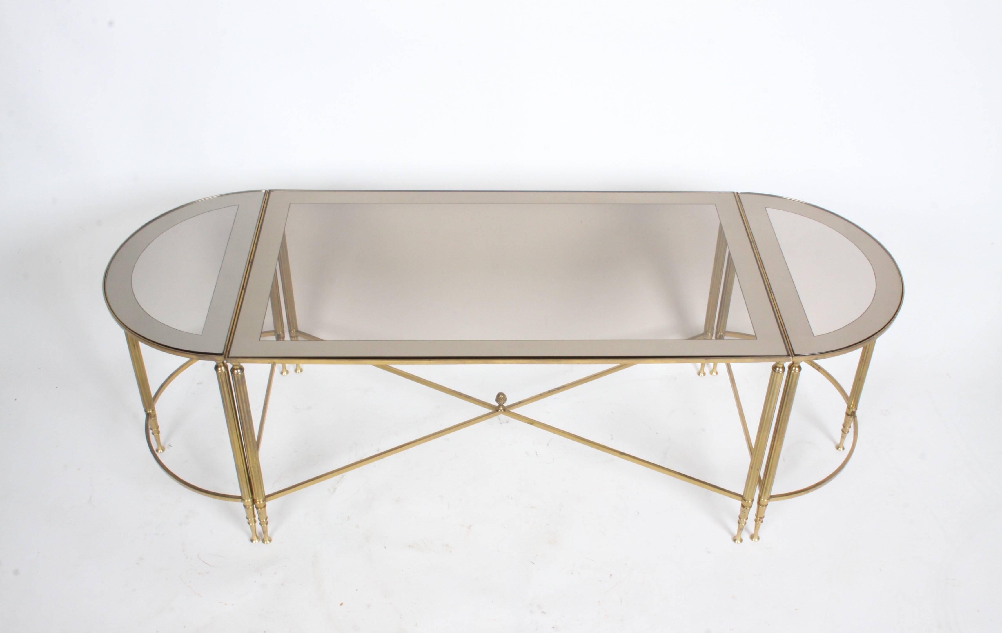American Maison Jansen Style Neo-classical Three-Piece Fluted Bronze Glass Coffee Table