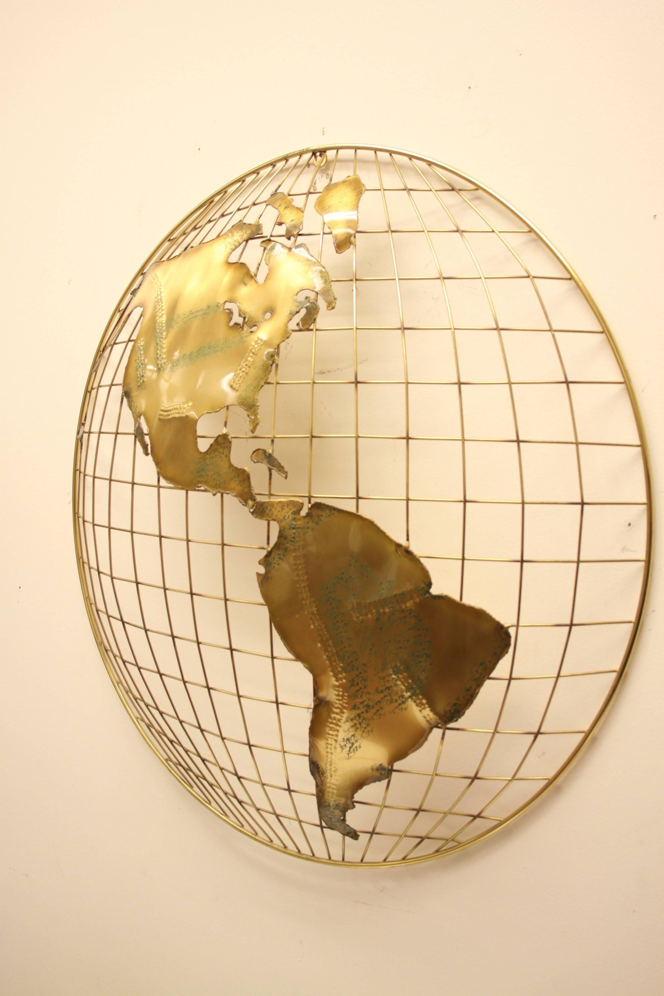 Pair of C. Jere Brass Globe Sphere Wall Sculptures, circa 1984 In Excellent Condition For Sale In St. Louis, MO