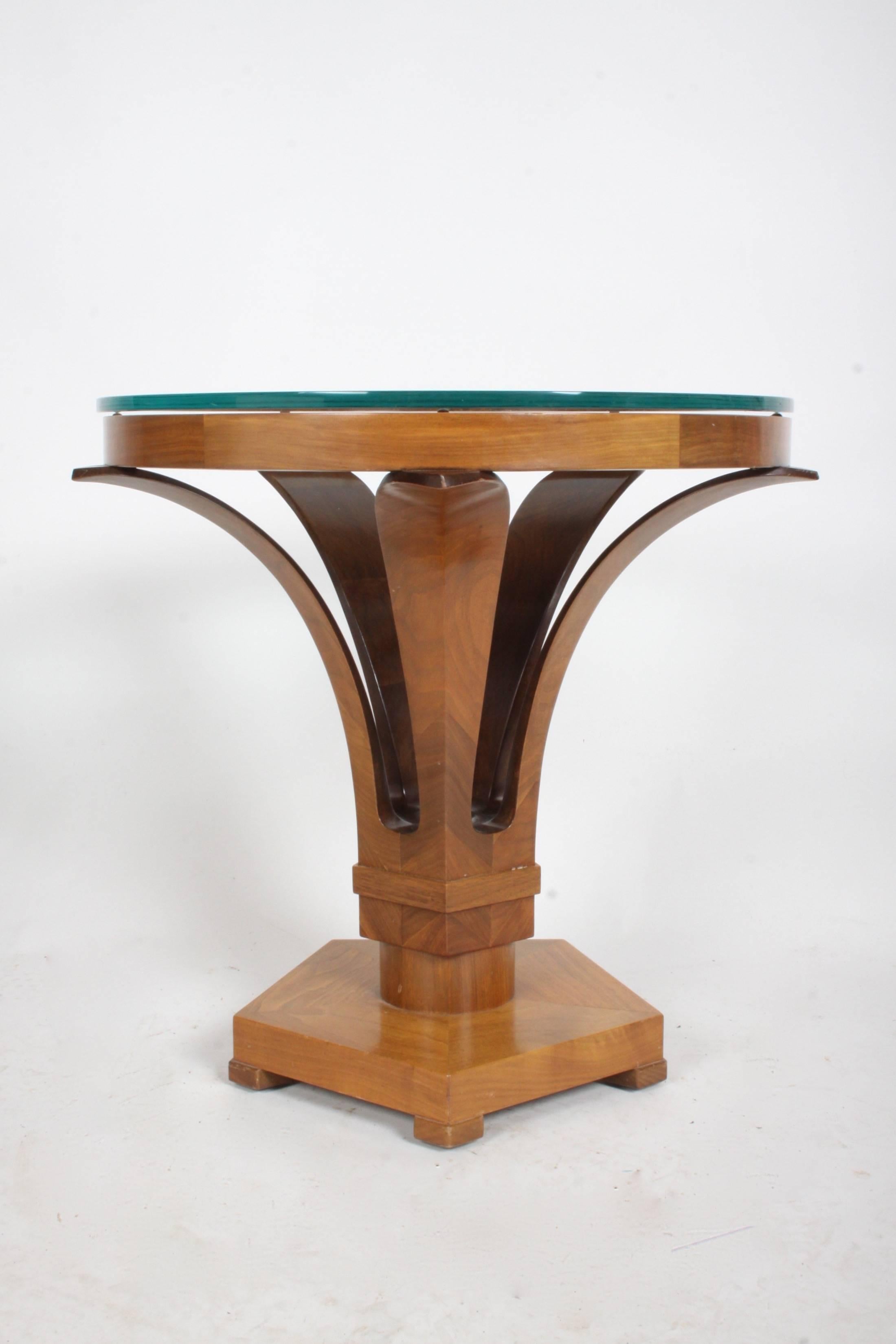 Rare pair of Edward Wormley for Dunbar tulip form side tables model #5621/ 5620. These tables take inspiration from the Biedermeier period and are beautifully constructed by the craftsmans at Dunbar. They can be used as end tables, night stands or