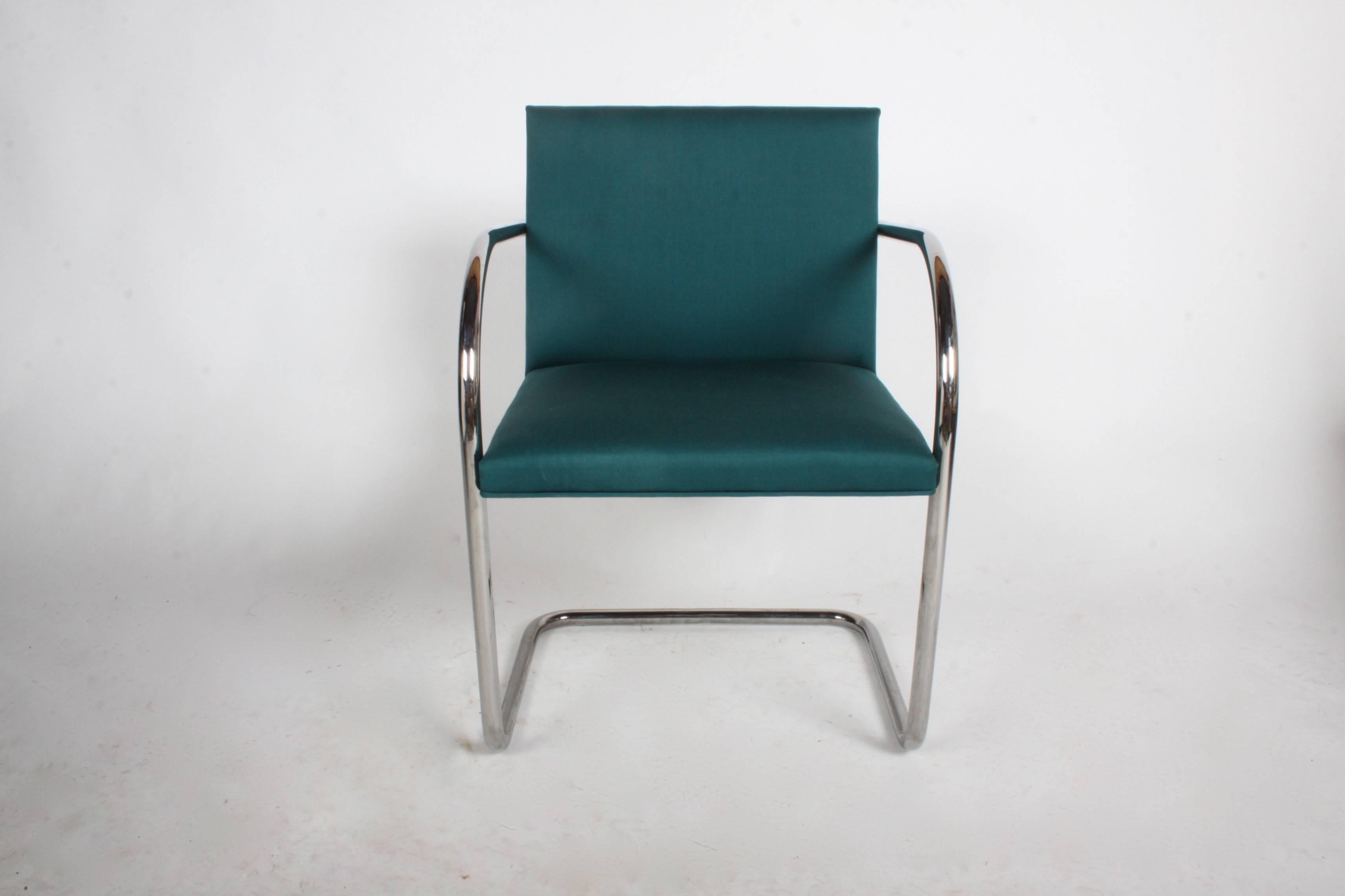 Mies Van Der Rohe for Knoll chrome tubular Brno chairs. Various colors, 2-red, 1-green and 1-purple. Some have acceptable fabric, others have stains, so plan on reupholstery. Chrome is nice condition, retains labels. circa 1991 production. 