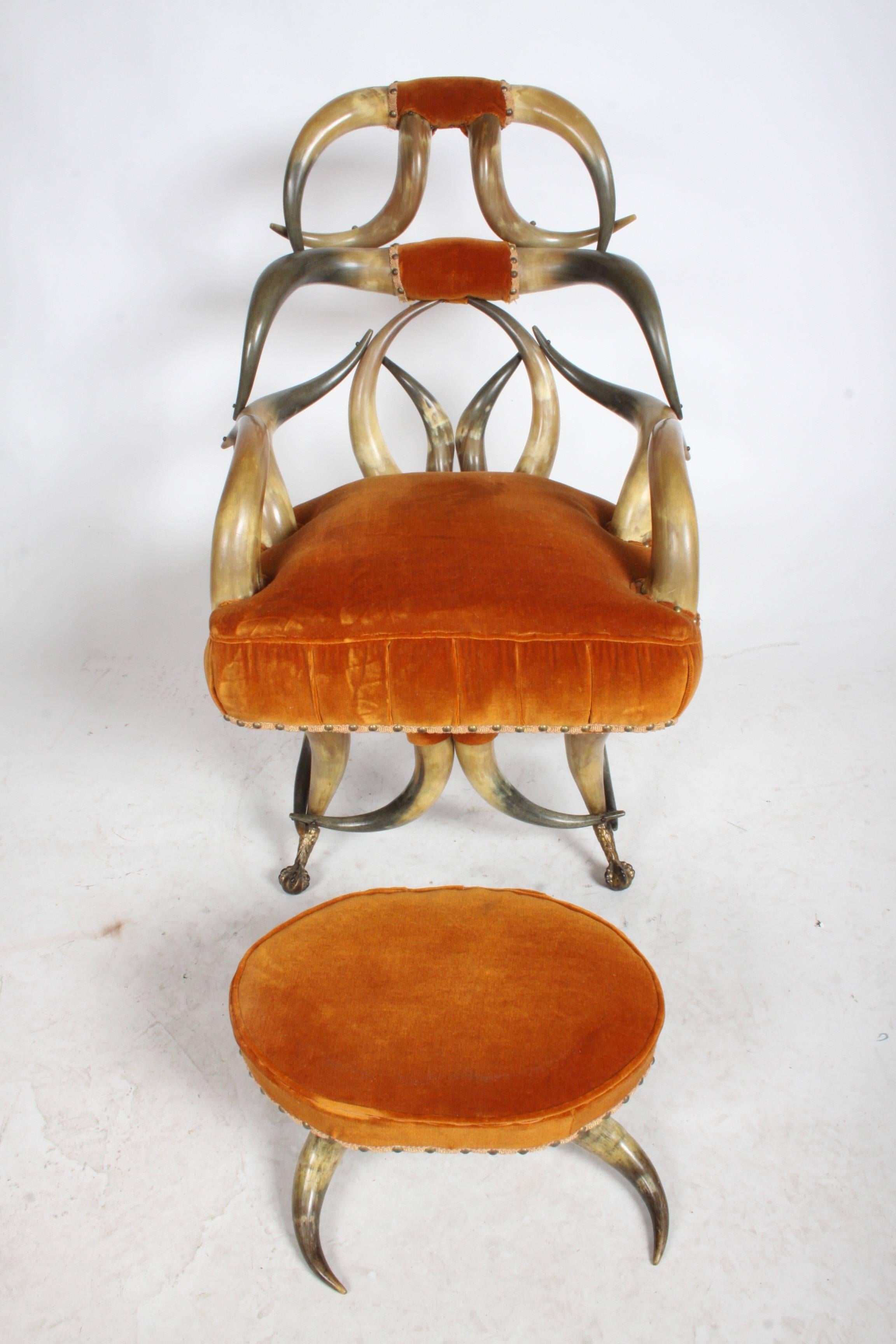 Incredible Late 19th Century Steer Horn Chair and Ottoman For Sale 1