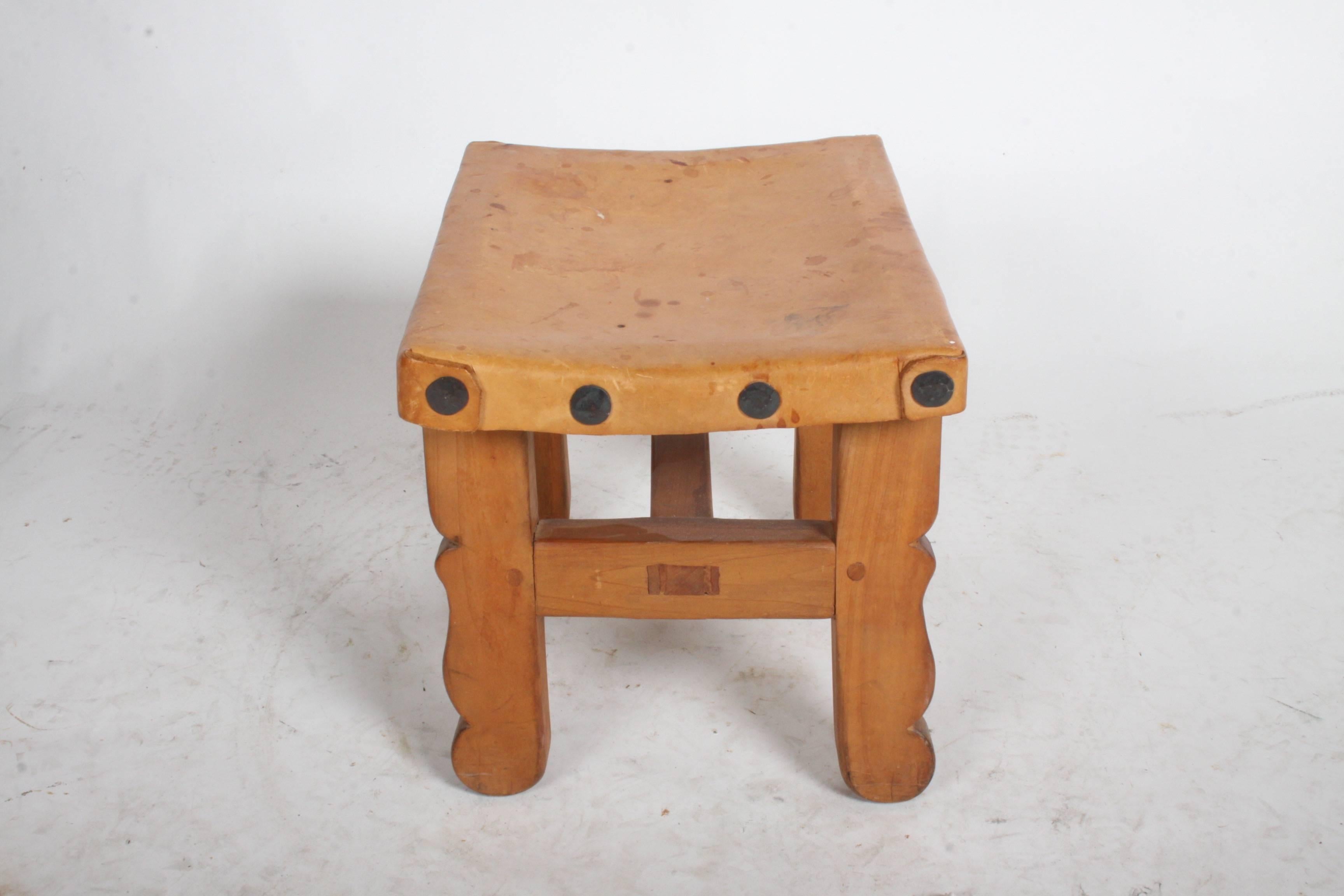 Vintage Mexican Leather Stools with Studs In Good Condition In St. Louis, MO