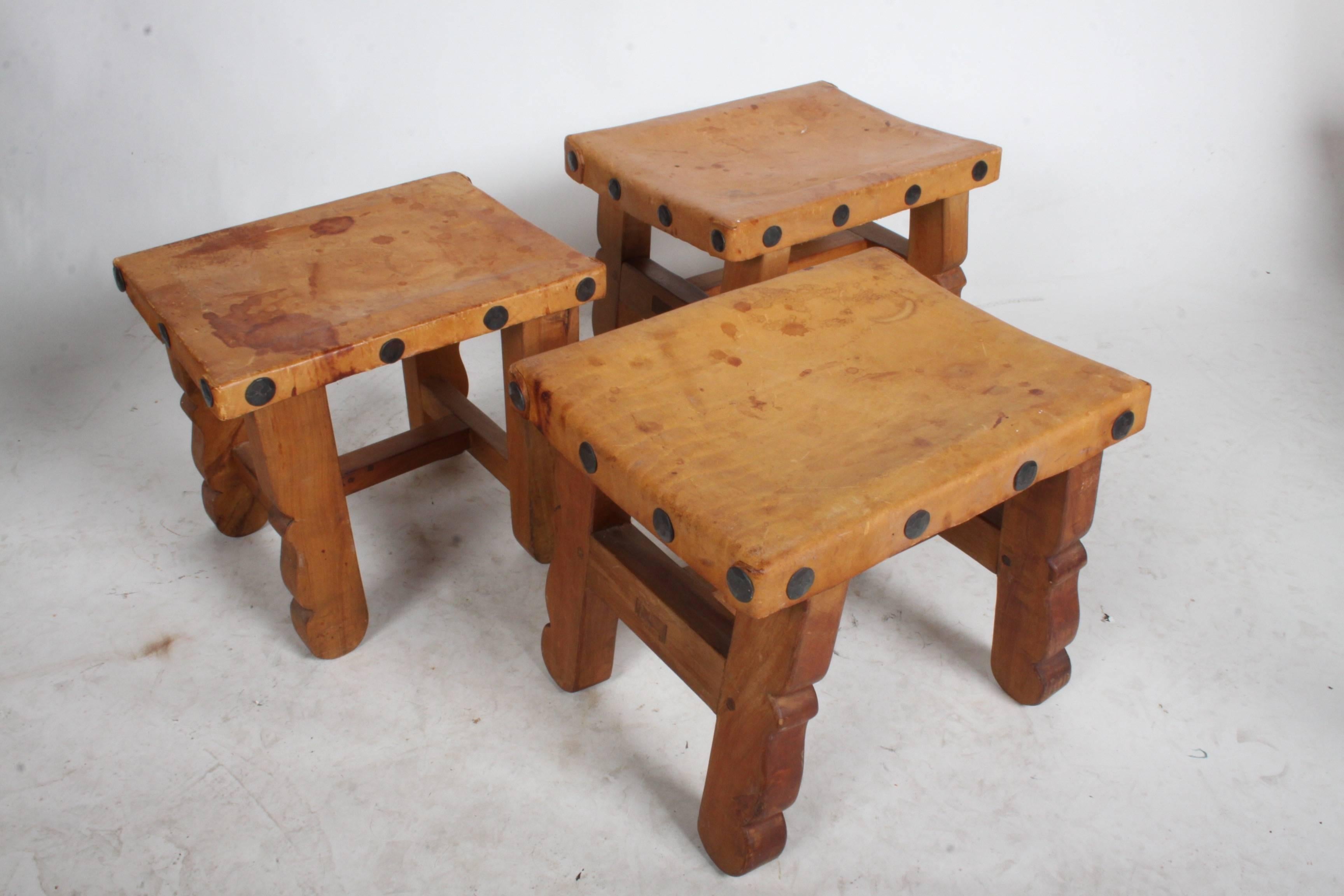 Mid-20th Century Vintage Mexican Leather Stools with Studs