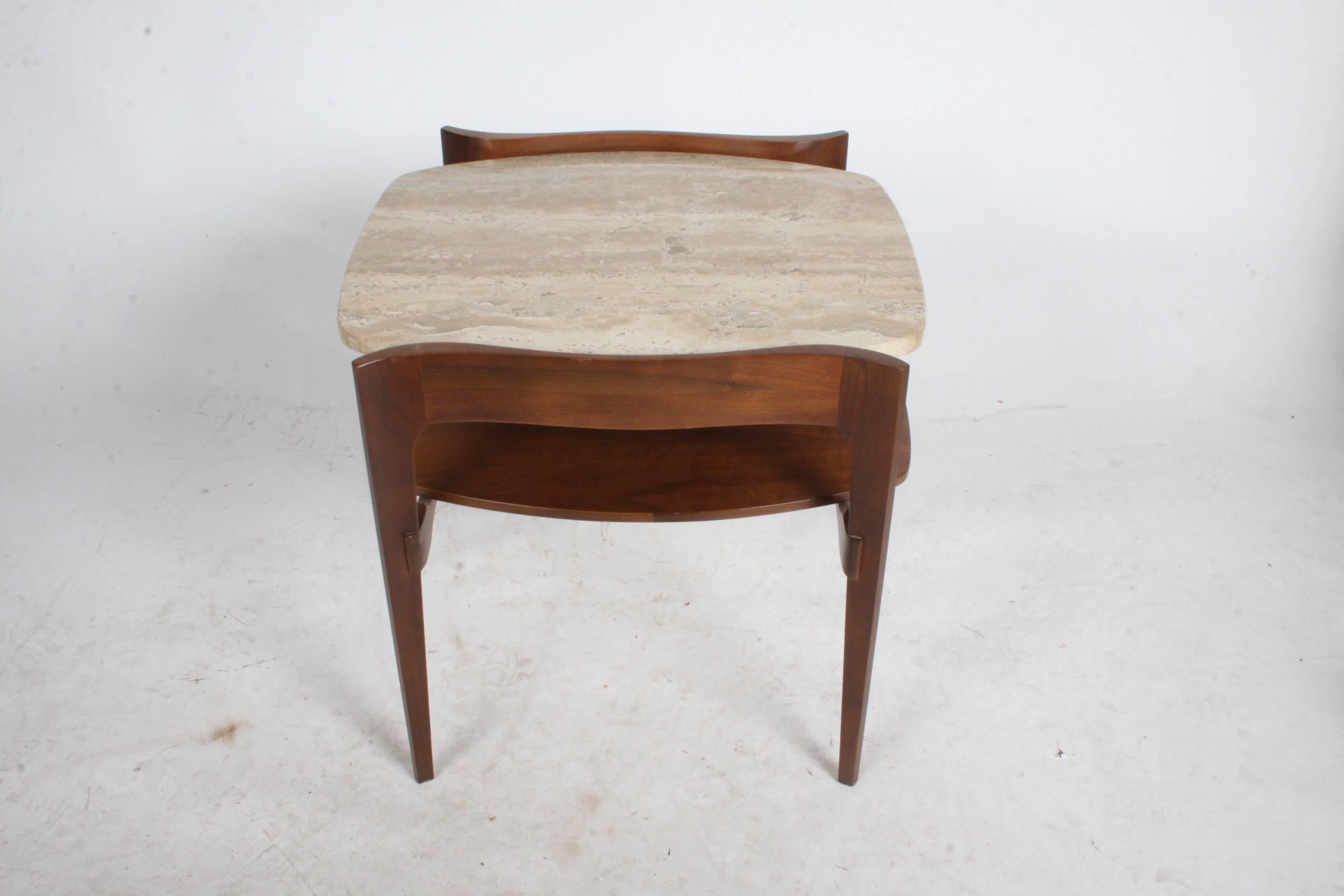 Pair of 1960s Mid-Century Modern Sculpted Italian Walnut Travertine End Tables In Excellent Condition In St. Louis, MO