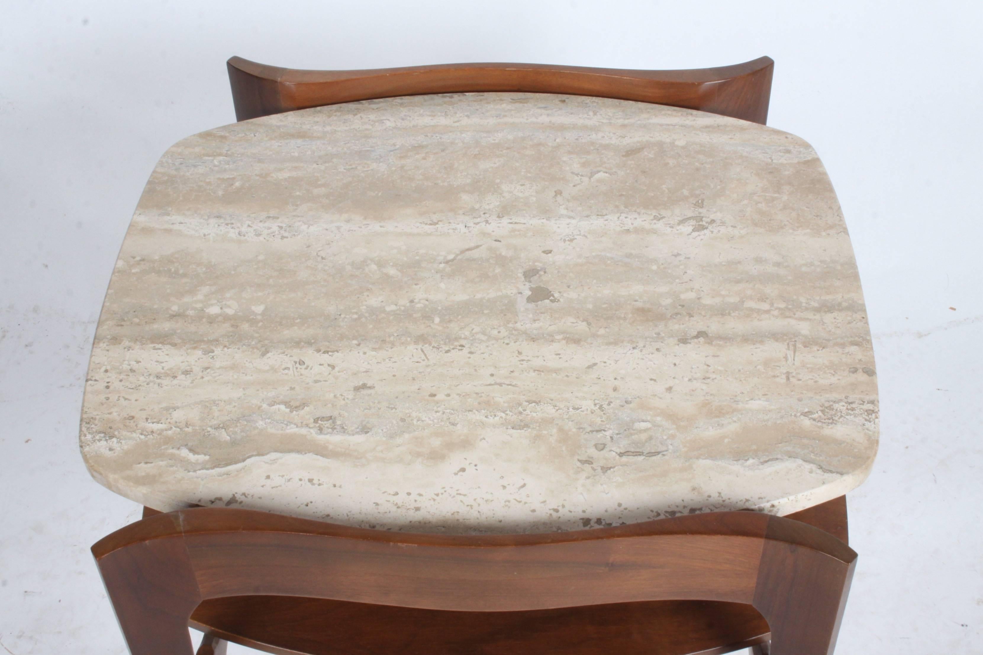 Mid-20th Century Pair of 1960s Mid-Century Modern Sculpted Italian Walnut Travertine End Tables