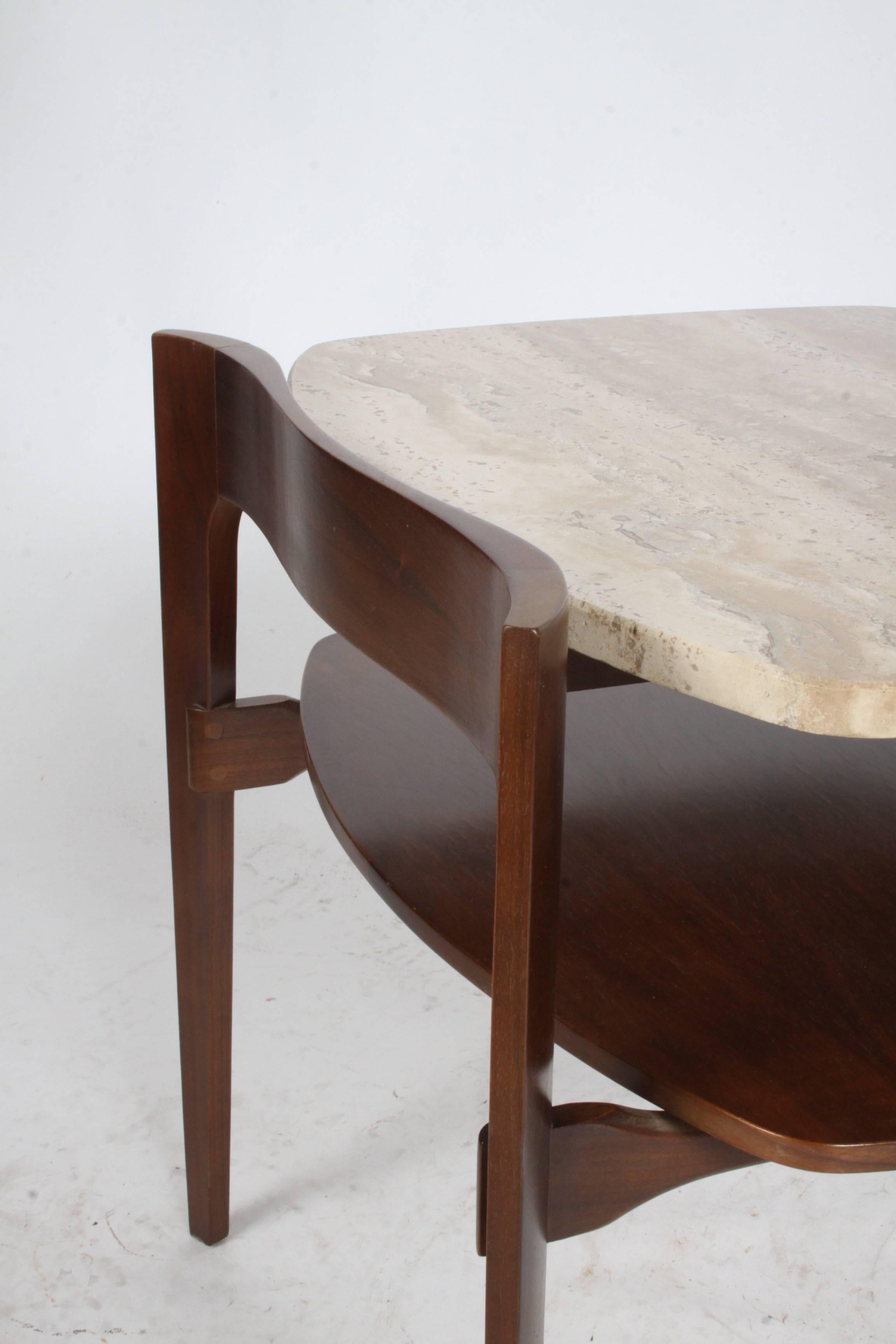 North American Pair of 1960s Mid-Century Modern Sculpted Italian Walnut Travertine End Tables