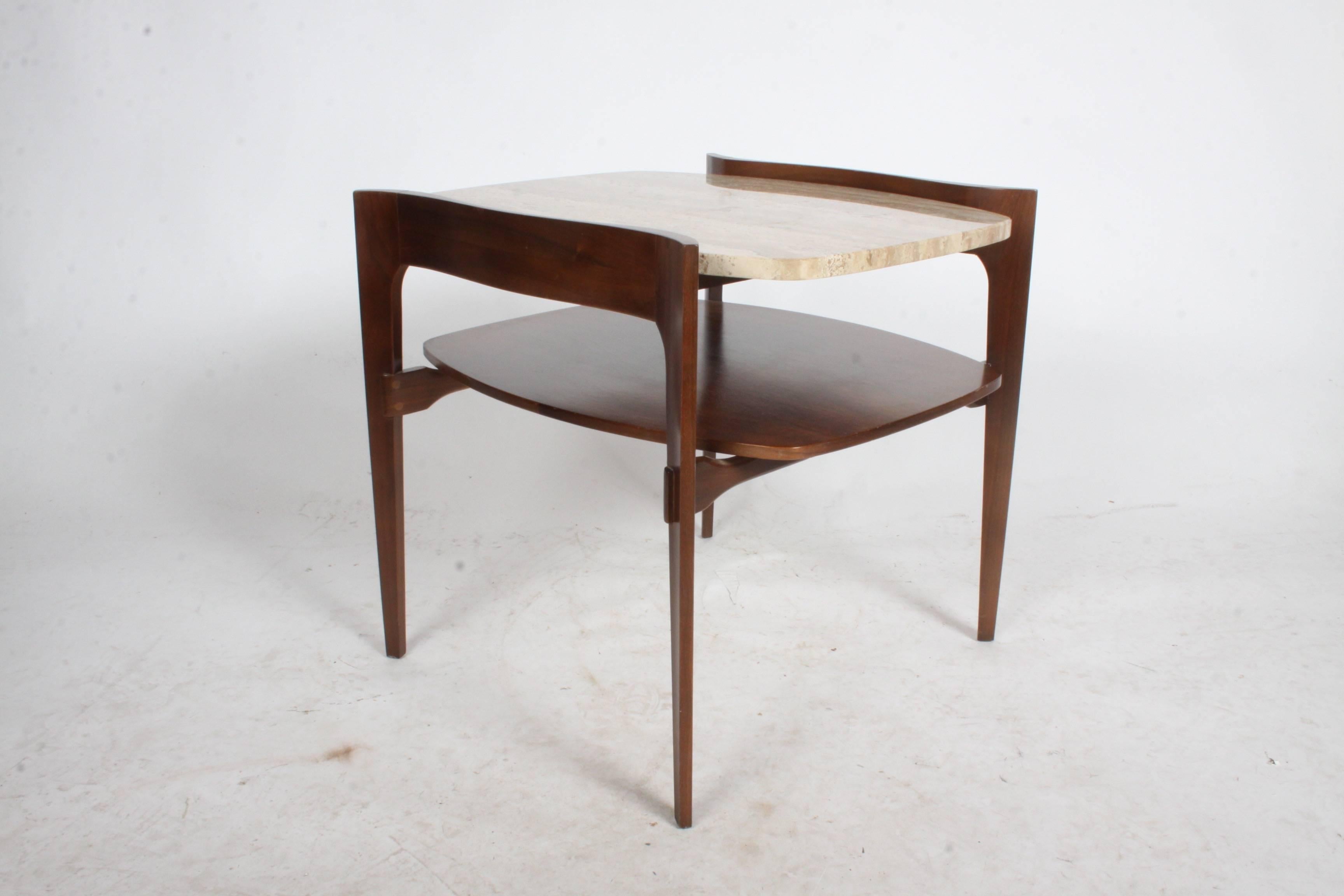 Pair of 1960s Mid-Century Modern Sculpted Italian Walnut Travertine End Tables 1