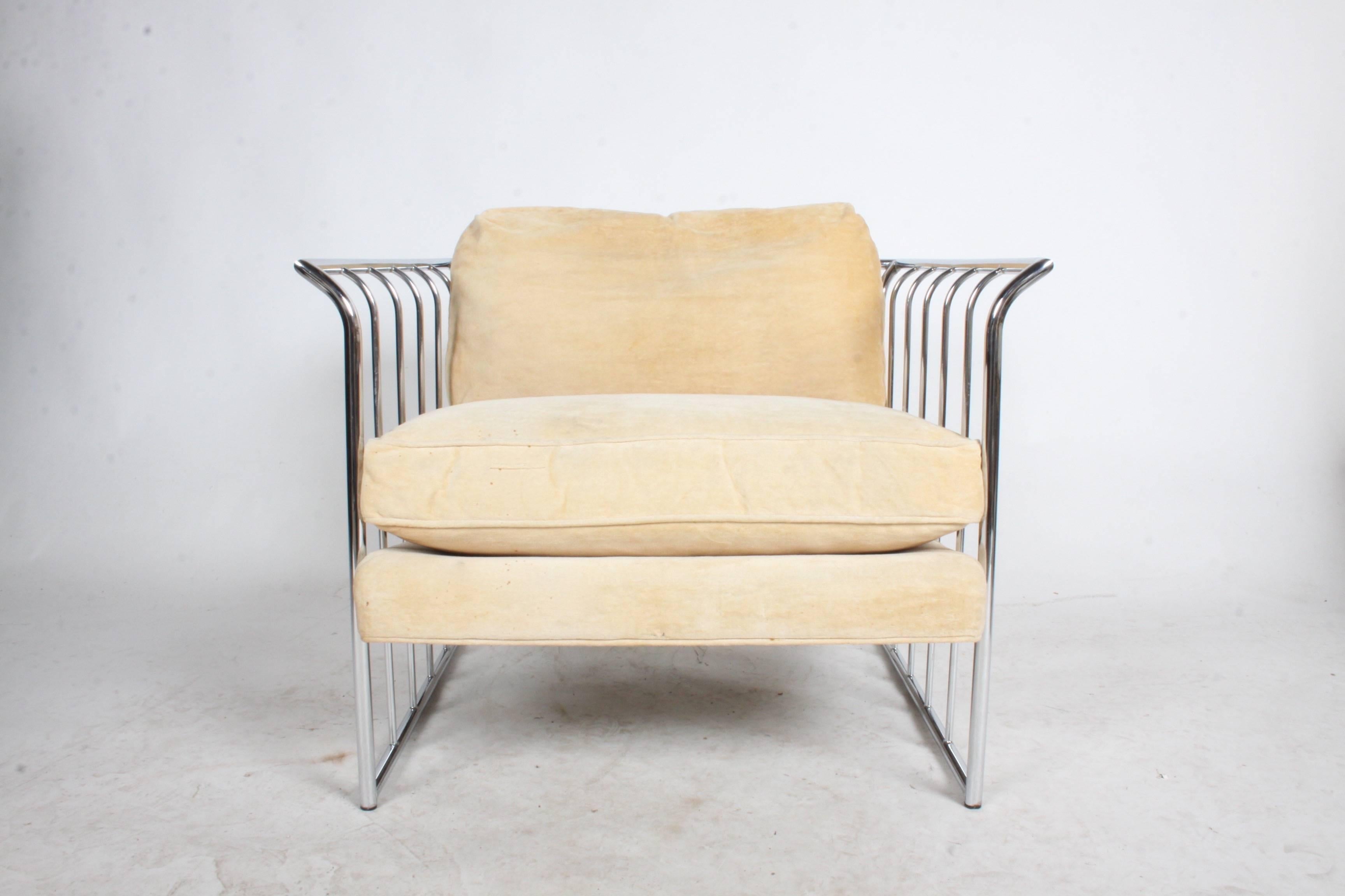 Mid-Century Modern Pair of Milo Baughman Style Chrome Cube Lounge Chairs