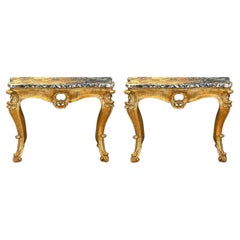 Pair of Italian Breccia Marble Top Giltwood Consoles