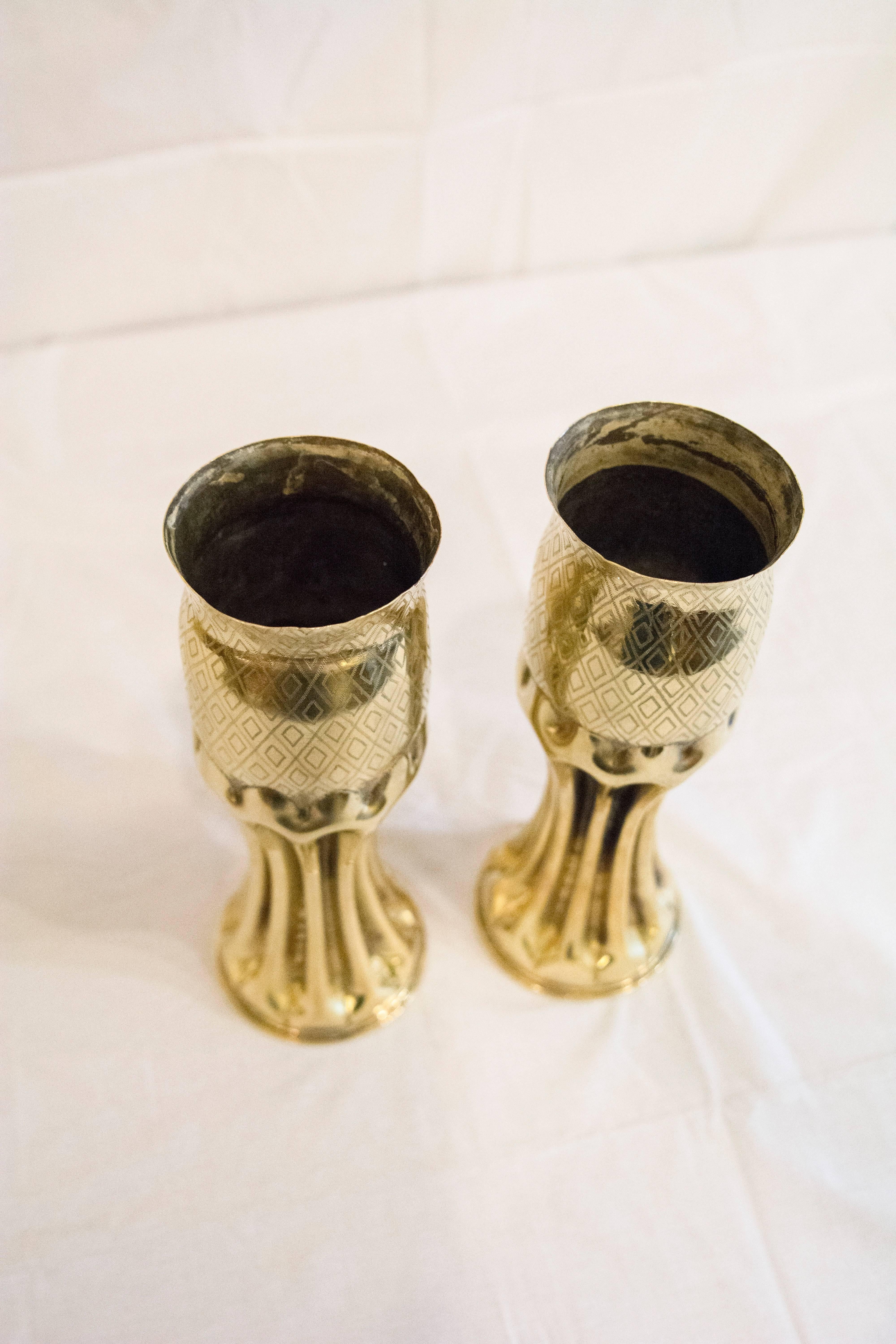 Pair of World War I Trench Art Vases In Good Condition In Hinsdale, IL