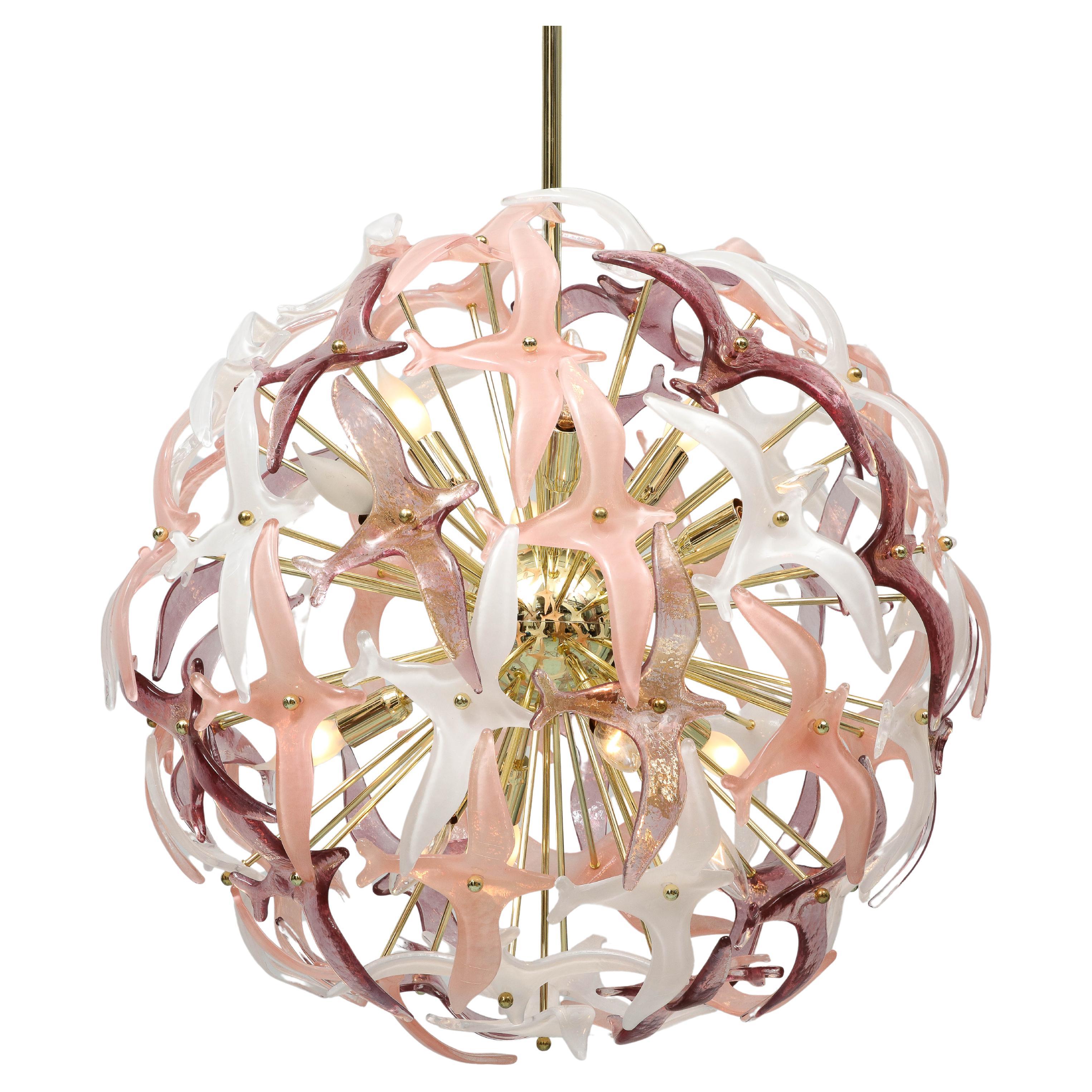 Sputnik Italian Chandelier With Pink And Beige Glass Wings For Sale