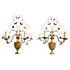 COPPIA  di lampade a fogliame in bronzo dorato e ferro