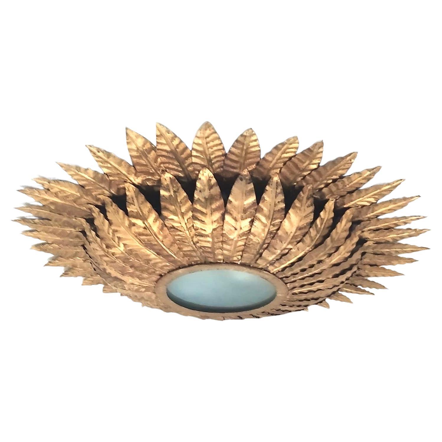 Mid-Century Modern Sunburst Eyelash  Flush Mount Light In Gilt Iron For Sale