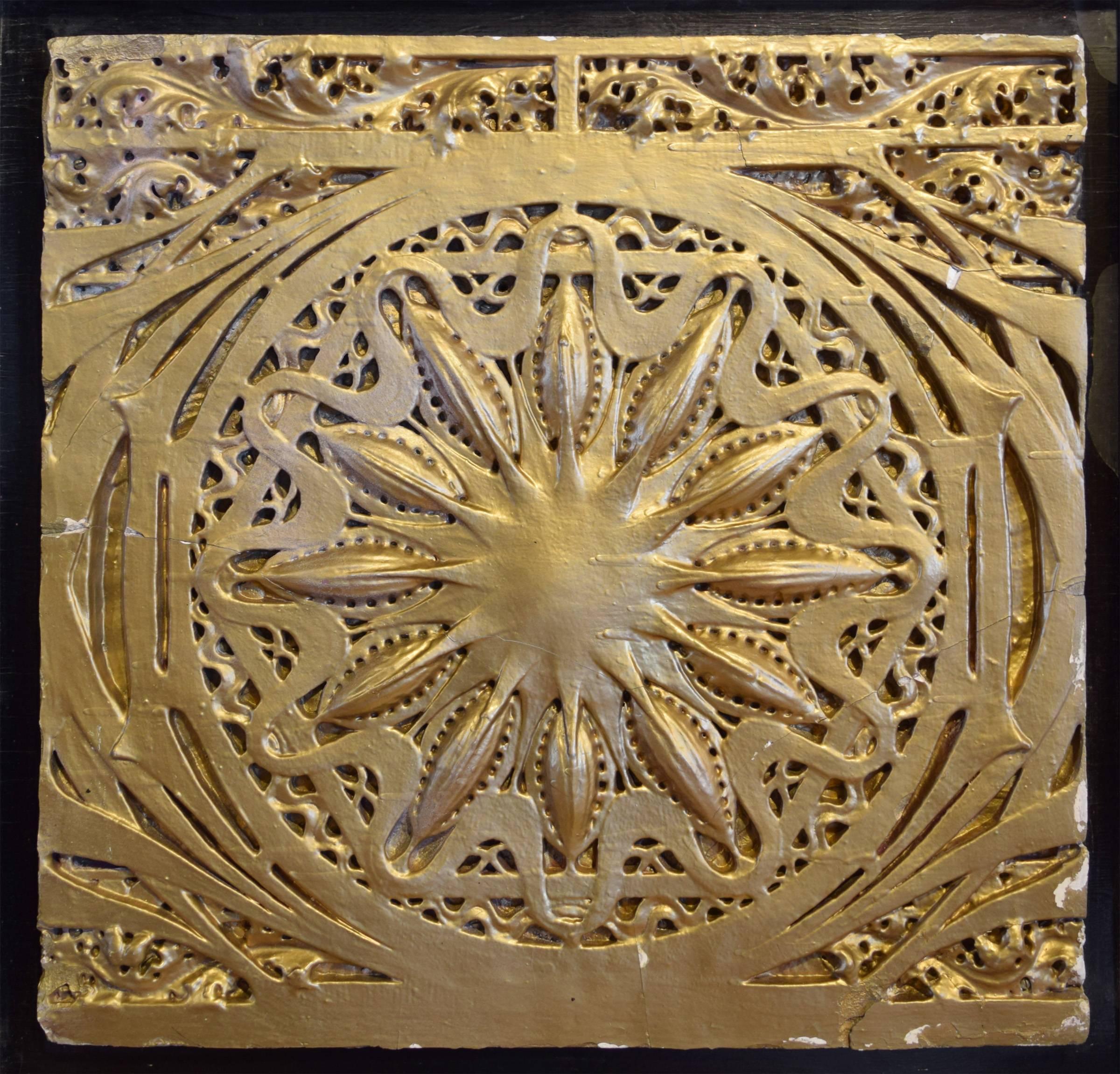 Louis Sullivan designed painted plaster panel from the proscenium arch of the Schiller Theater by architects Adler & Sullivan, 1892, mounted in a custom presentation frame. At the time of its construction the building, at 64 W. Randolph street, was