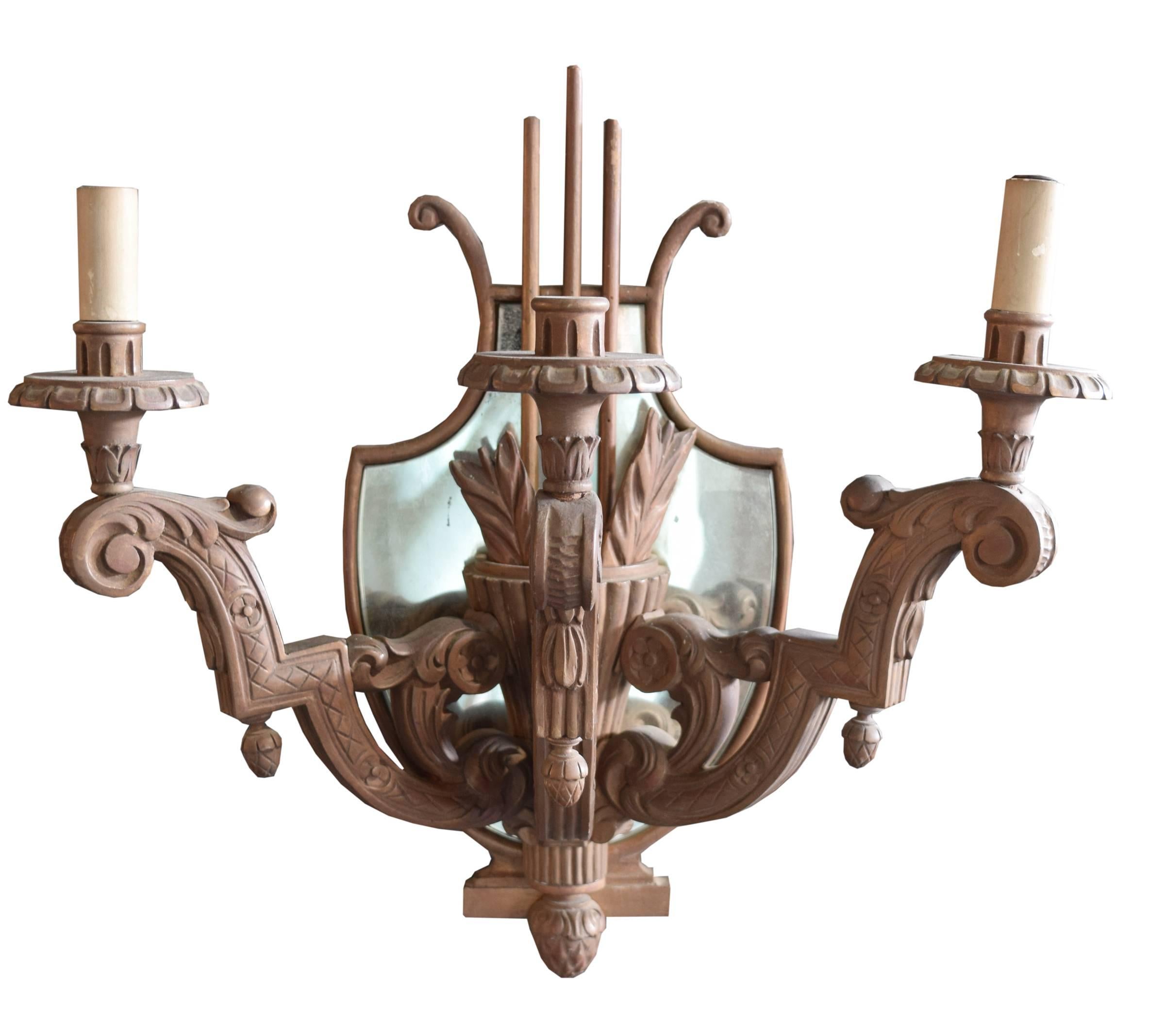 Pair of Argentine Wood Sconces with Mirrors In Excellent Condition In Chicago, IL