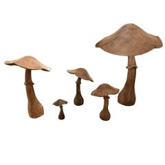 Group of Five Carved Wood Mushrooms