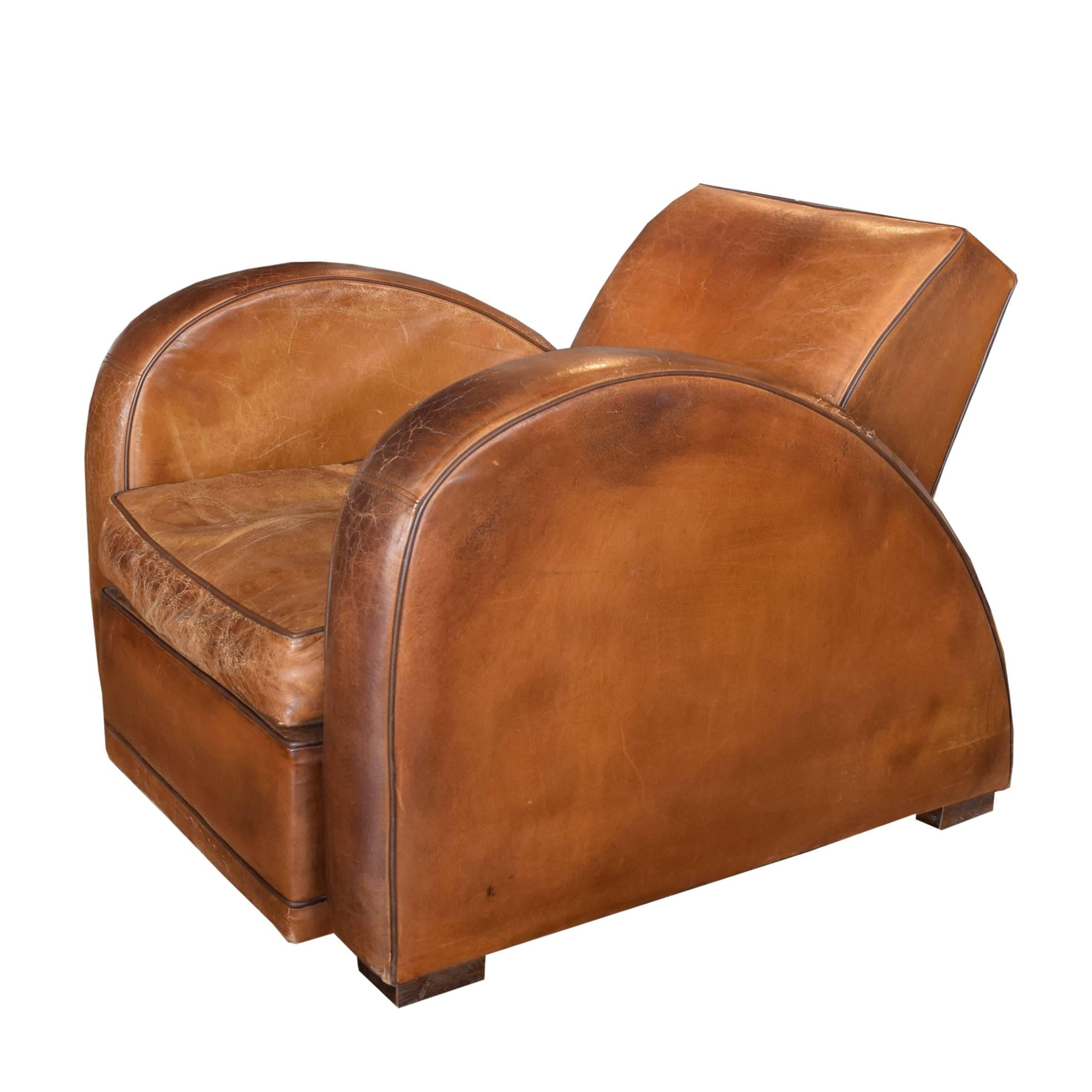 20th Century French Leather Racecar Club Chair