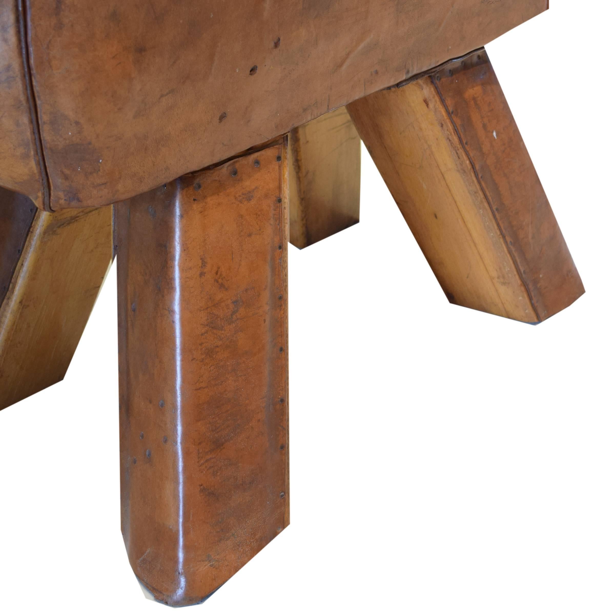 Wood and Leather Pommel Horse Bench In Excellent Condition In Round Top, TX