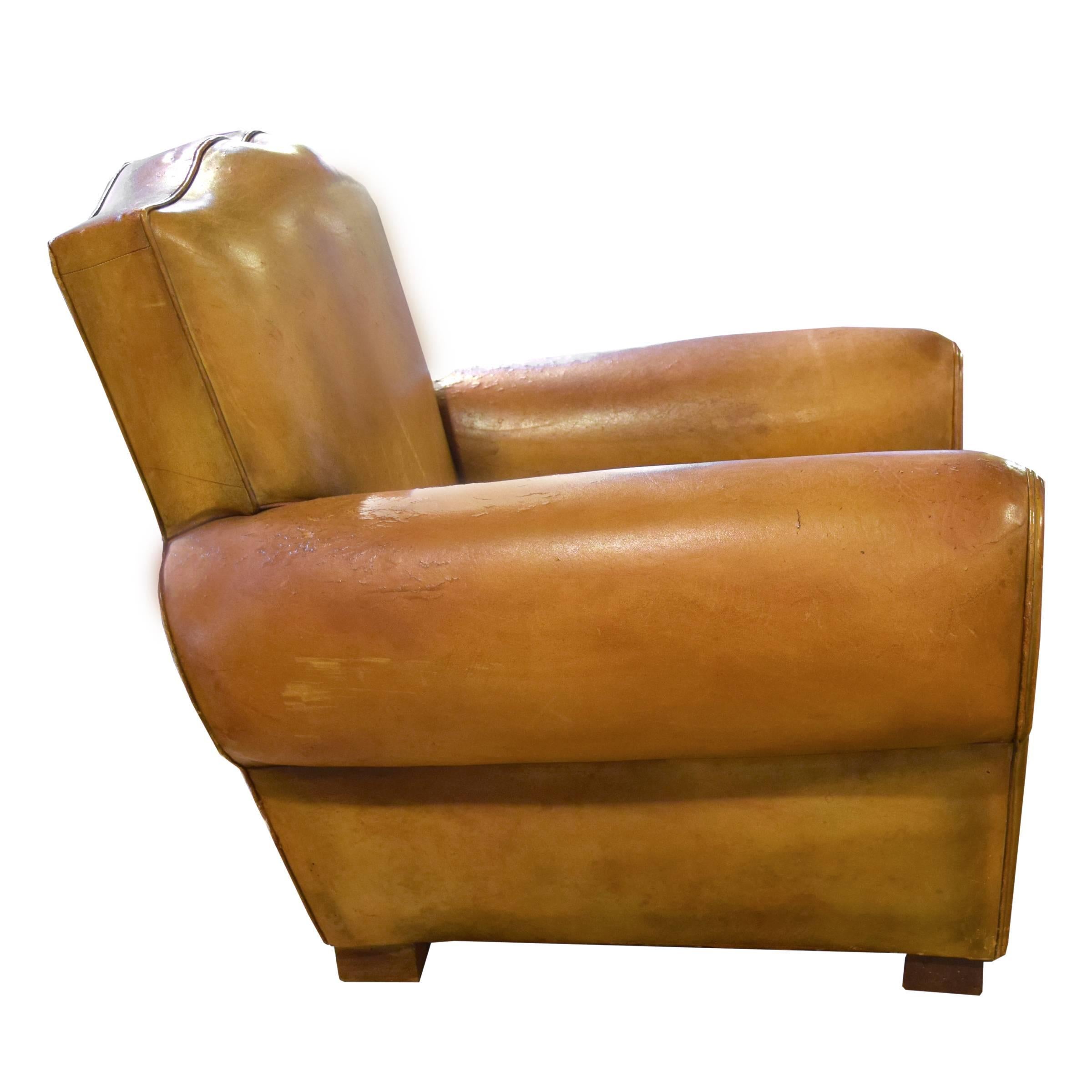 Pair of French Leather Club Chairs In Excellent Condition In Round Top, TX