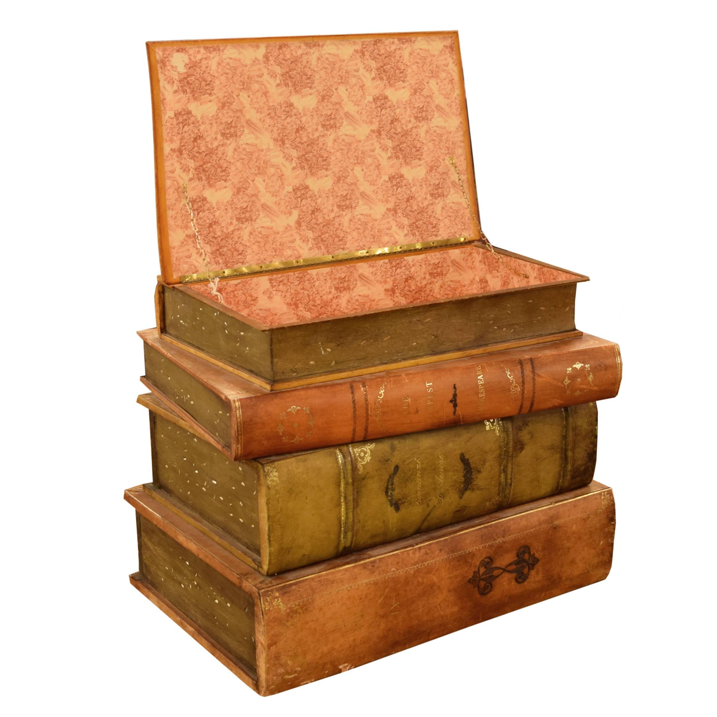 A German leather bound book stack storage safe with two hidden drawers and a top compartment lined with red floral paper. The top book is titled “Platone Scriptum”, Plato’s writings, circa 1970.