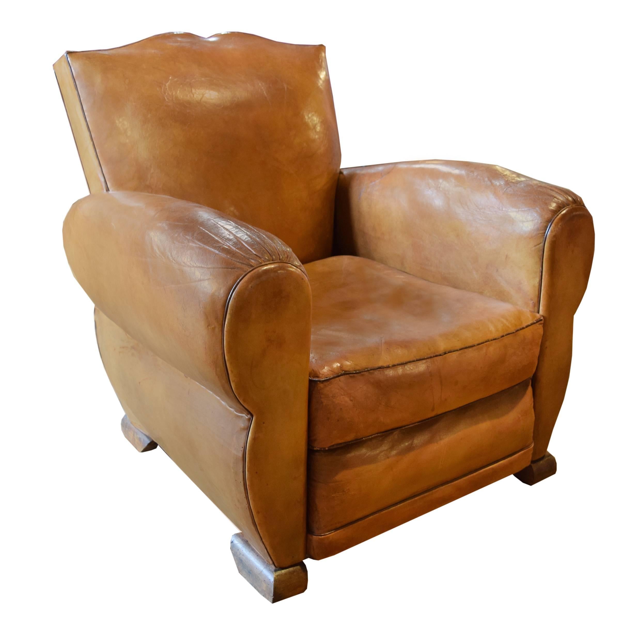 Pair of French Leather Club Chairs In Excellent Condition In Round Top, TX