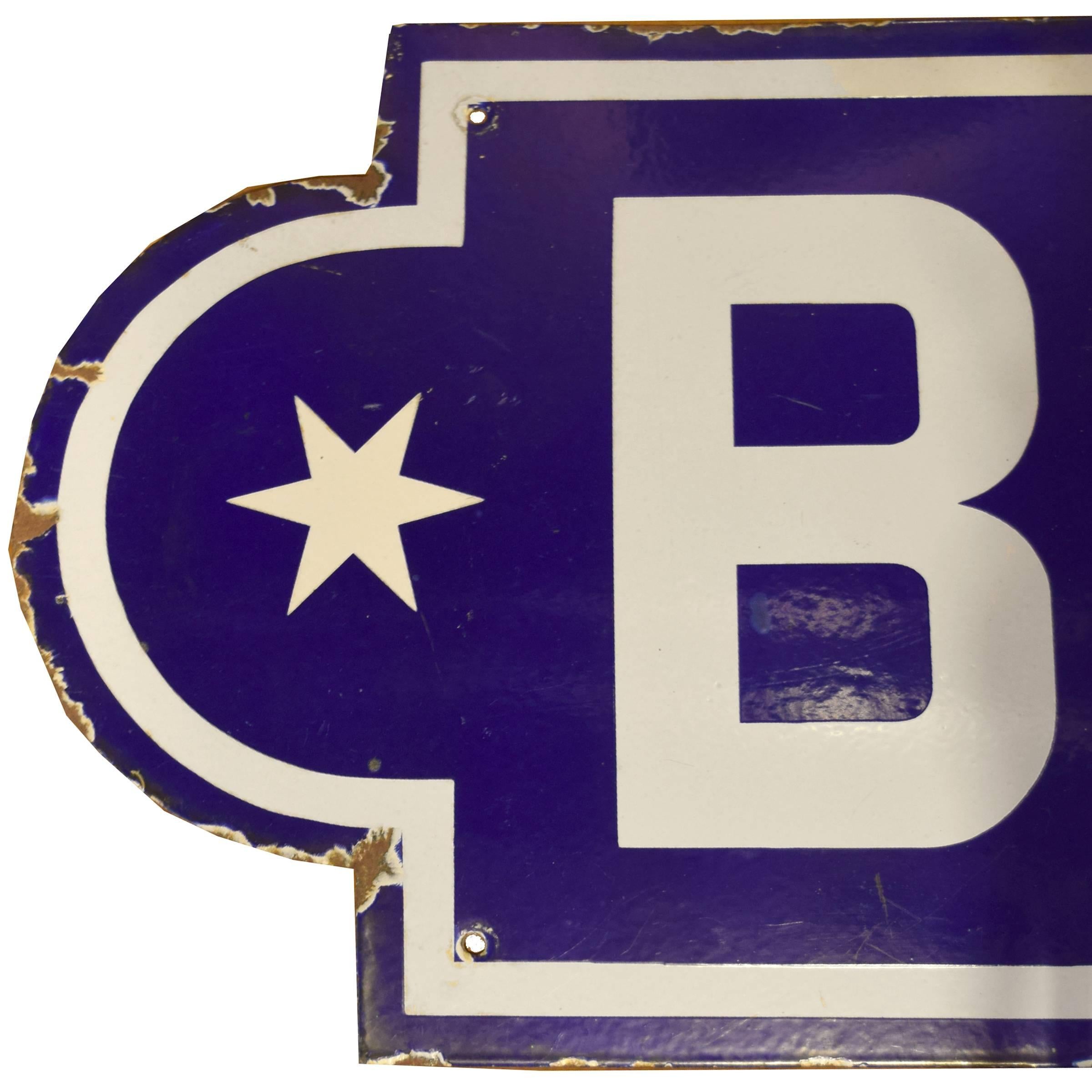 French porcelain ‘buffet’ sign with white lettering and border on a blue background and white stars adorning the semi-circular ends, circa 1920.
              