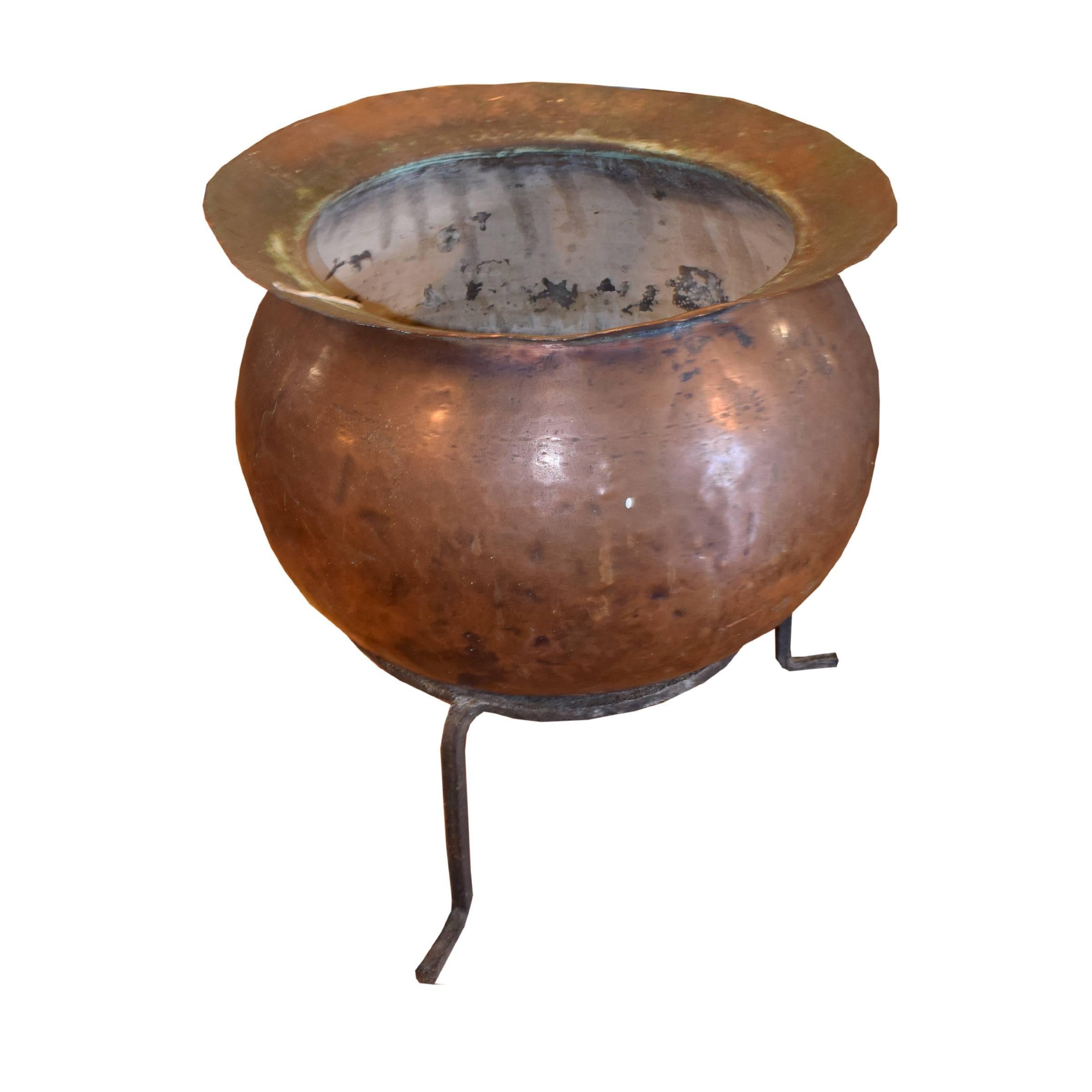 Hammered French Copper Cooking Vessel on Stand