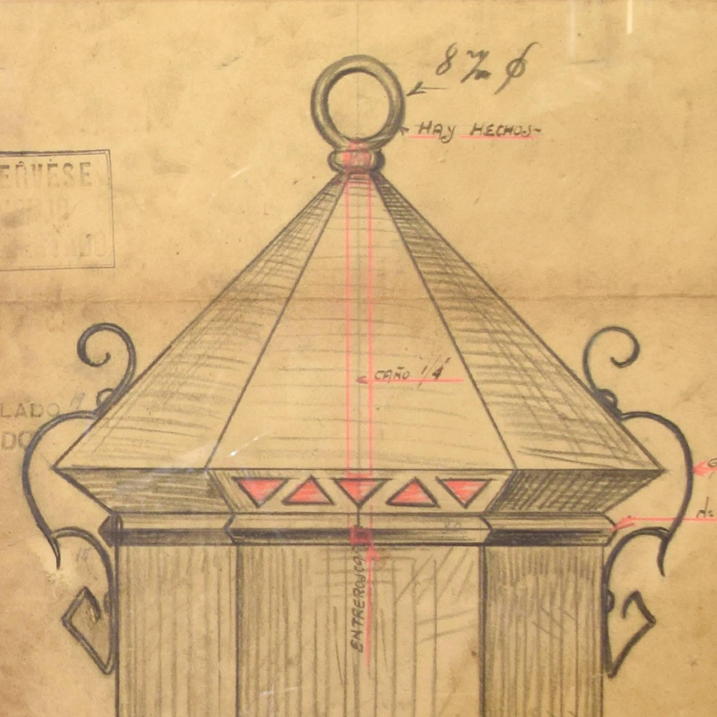 A framed original ink and charcoal, hand-drawn rendering of a lantern from the estate of famed blacksmith, Jose Thenee. Thenee is considered one of the world's greatest blacksmiths and won the world title in 1923.
 