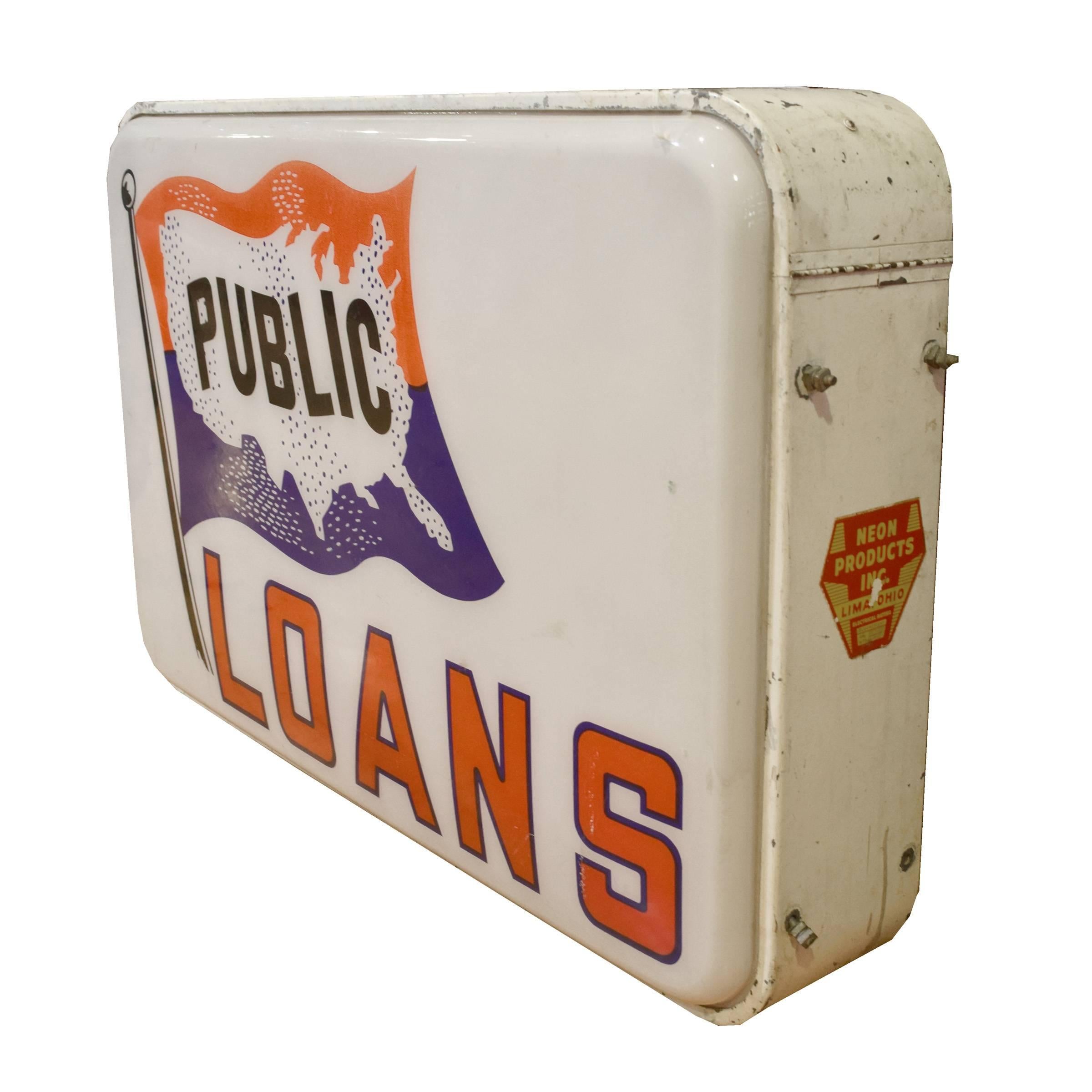 An American public loans exterior lighted sign produced by Neon Products, Inc in Lima, Ohio. Neon Products, Inc began business in 1930 and in its heyday was one of the largest neon sign manufacturers in the United States.