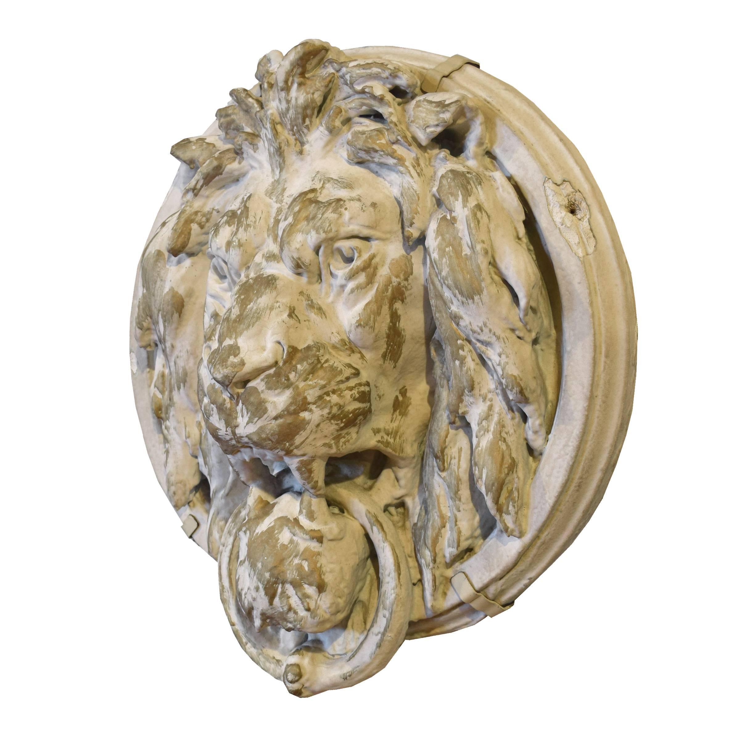 American composition lion head medallion from the Julian Theatre (1909-2005), Chicago, IL. On a custom wall mount.