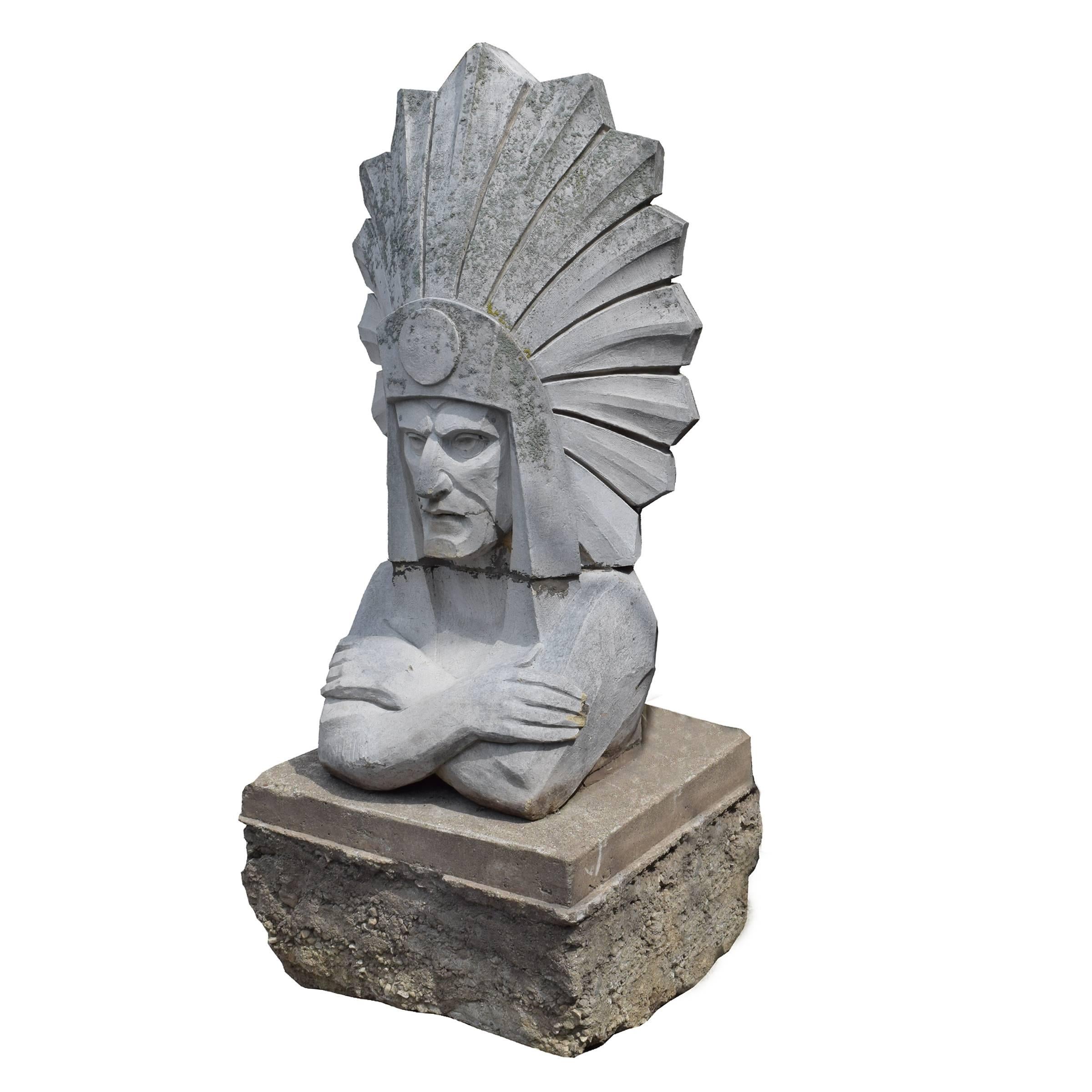 One of the last surviving monumental terra cotta Native American busts adorned with a large headdress from the Chicago Merchandise Mart. Built in 1930, the Merchandise Mart was the world's largest building and featured 56 Native American statues