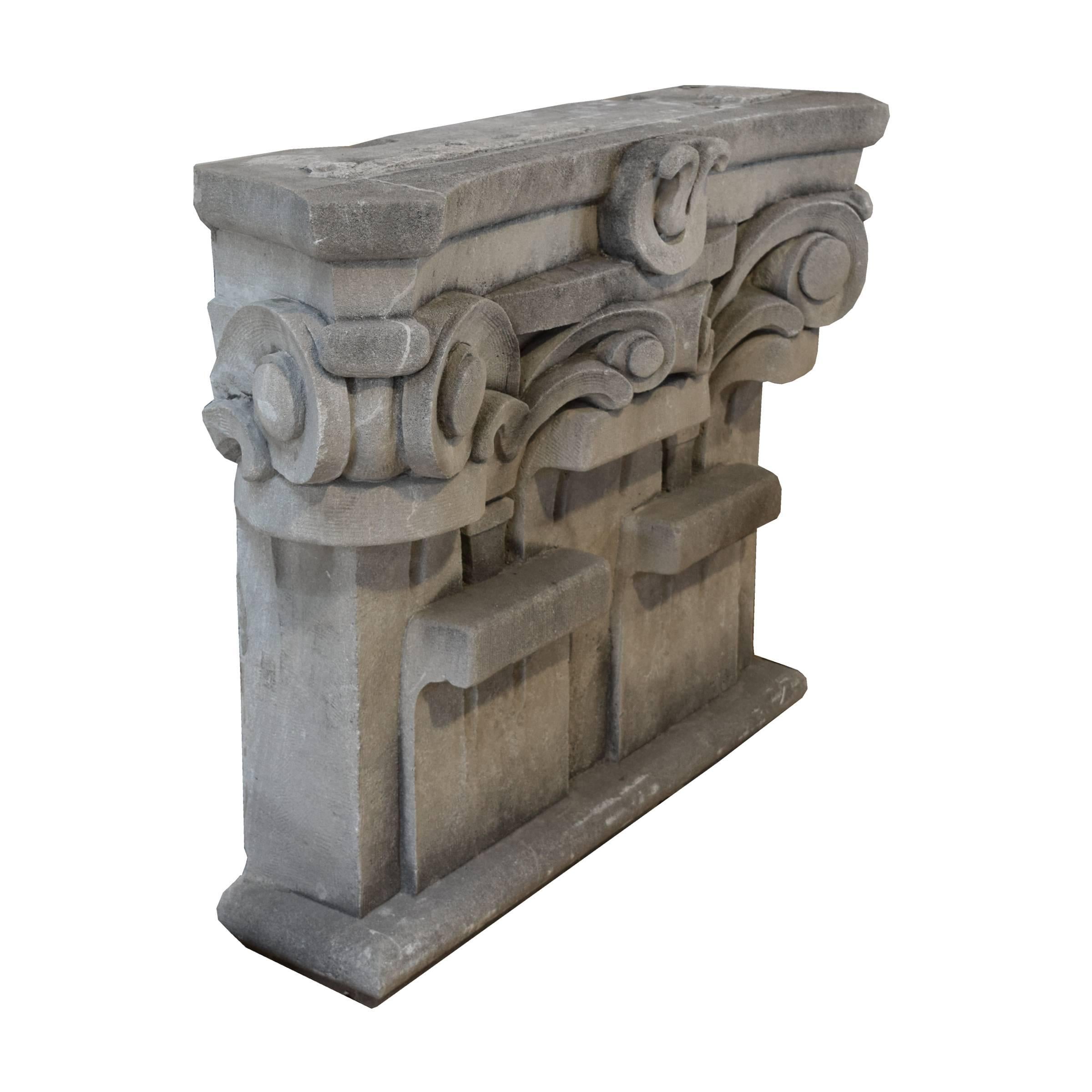 Carved limestone pilaster capital of a column from the original Chicago Mercantile Exchange building, 1927-2003 by Chicago architect Alfred Alschuler. Pair available.