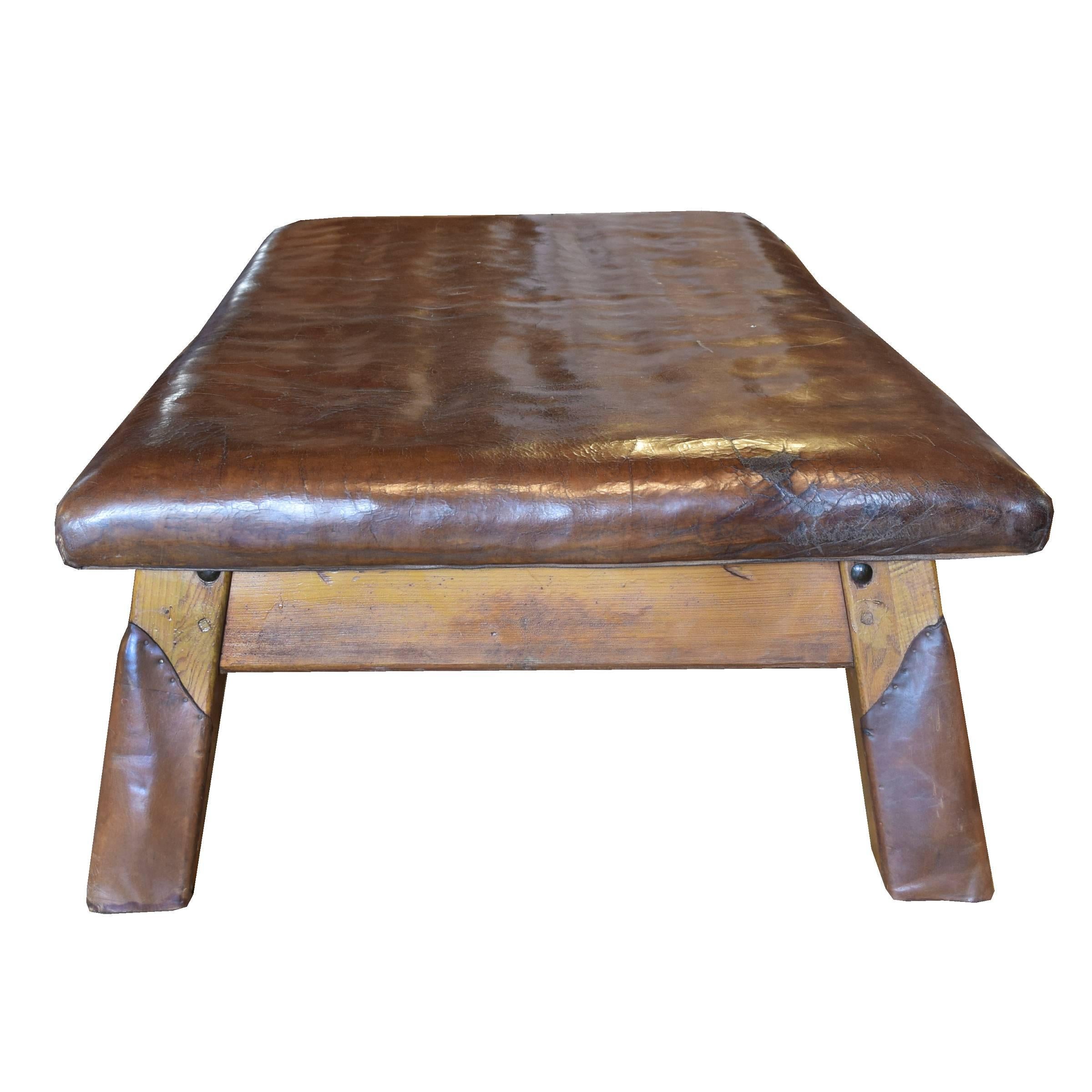 Czech Wood and Leather Vaulting Bench For Sale
